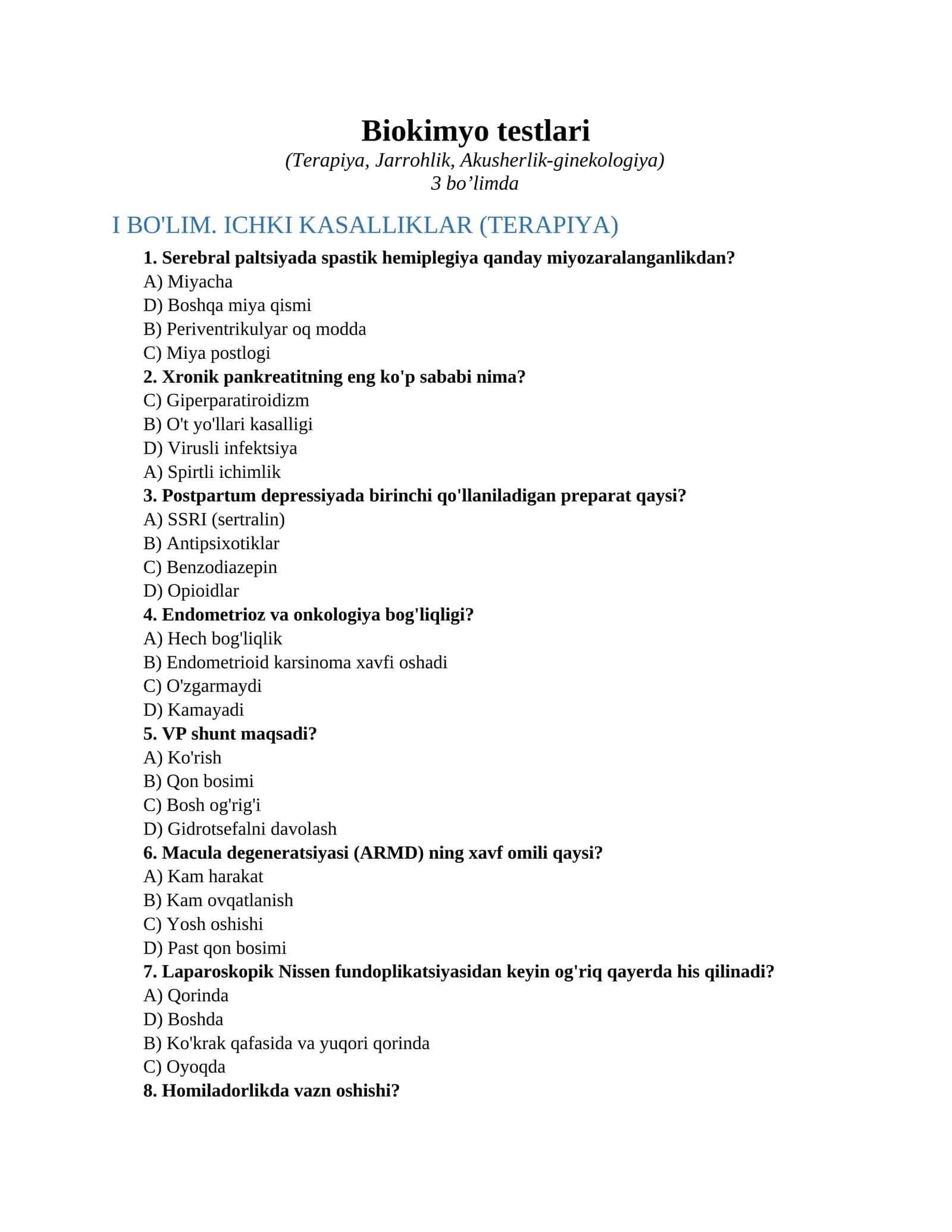 Biokimyo testlari 1