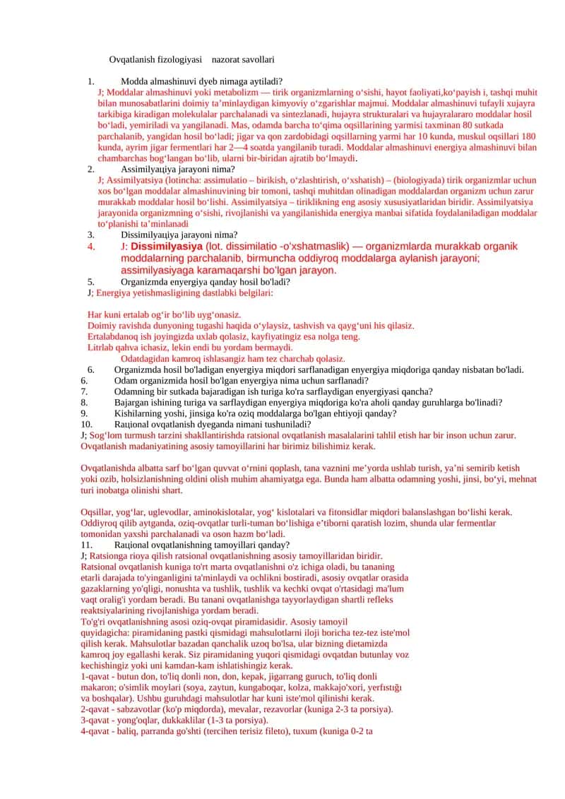 Ovqatlanish fizologiyasi nazorat savollari 1