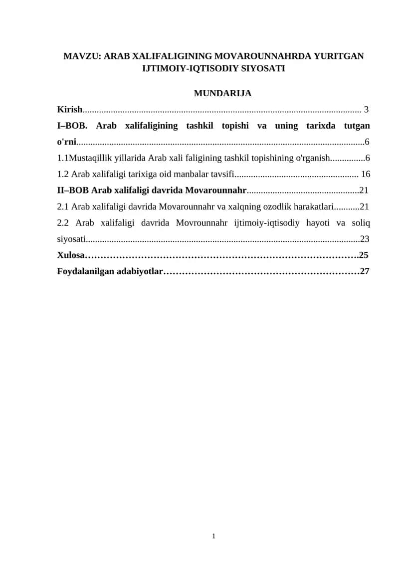 ARAB XALIFALIGINING MOVAROUNNAHRDA YURITGAN IJTIMOIY-IQTISODIY SIYOSATI 1