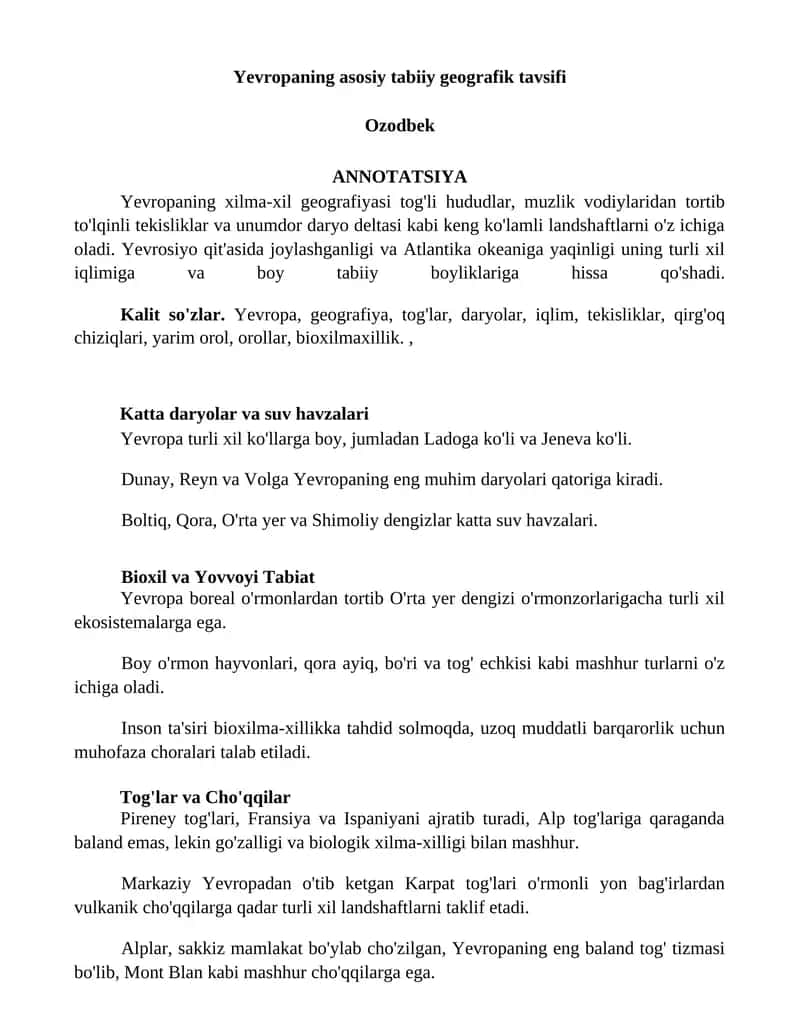 Yevropaning asosiy tabiiy geografik tavsifi 1