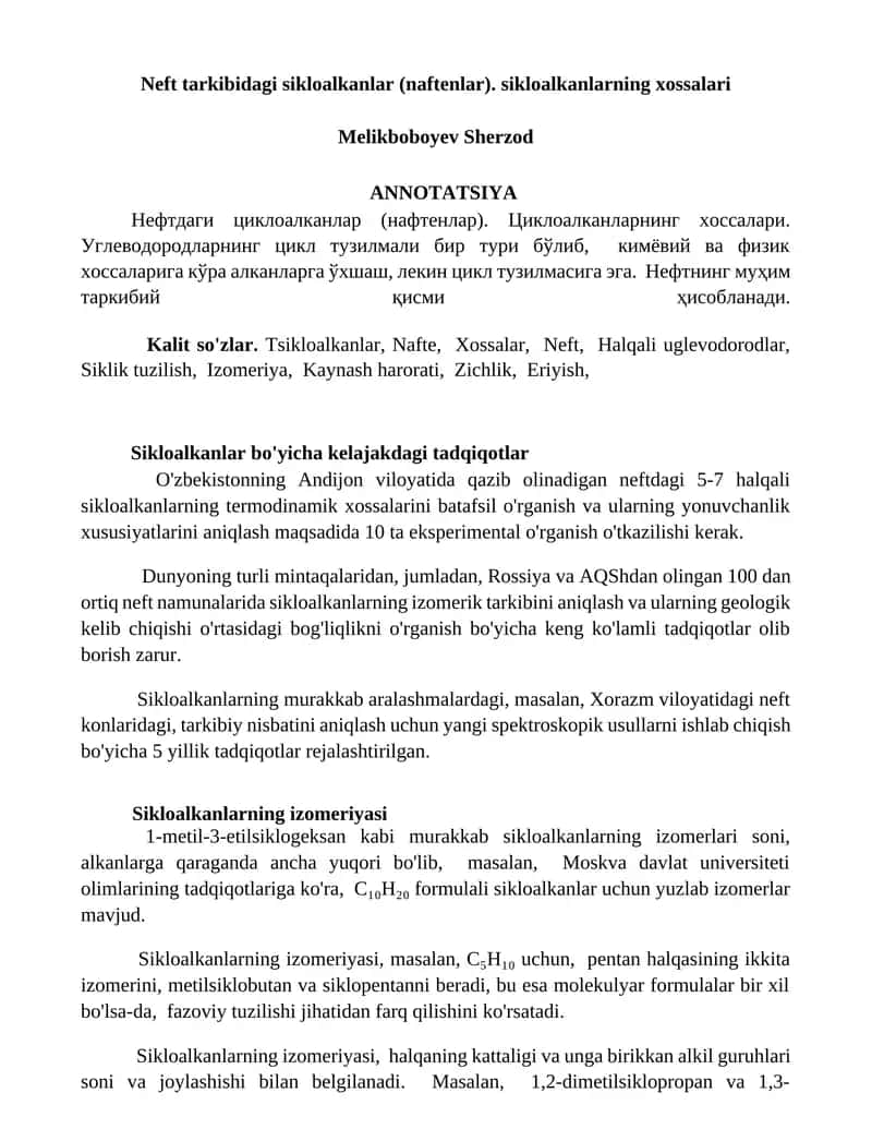 Neft tarkibidagi sikloalkanlar 1