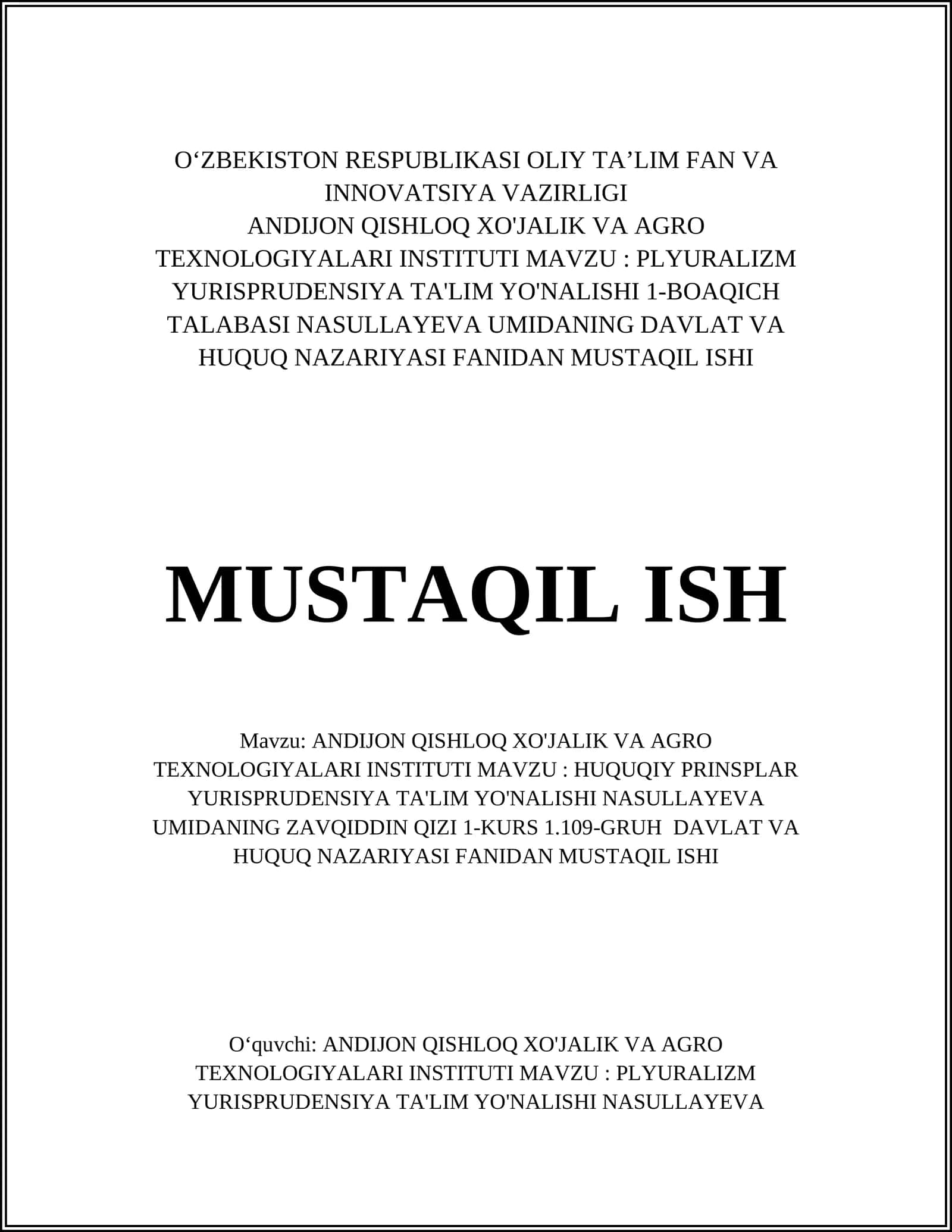 PLYURALIZM YURISPRUDENSIYA TA'LIM YO'NALISHI 1