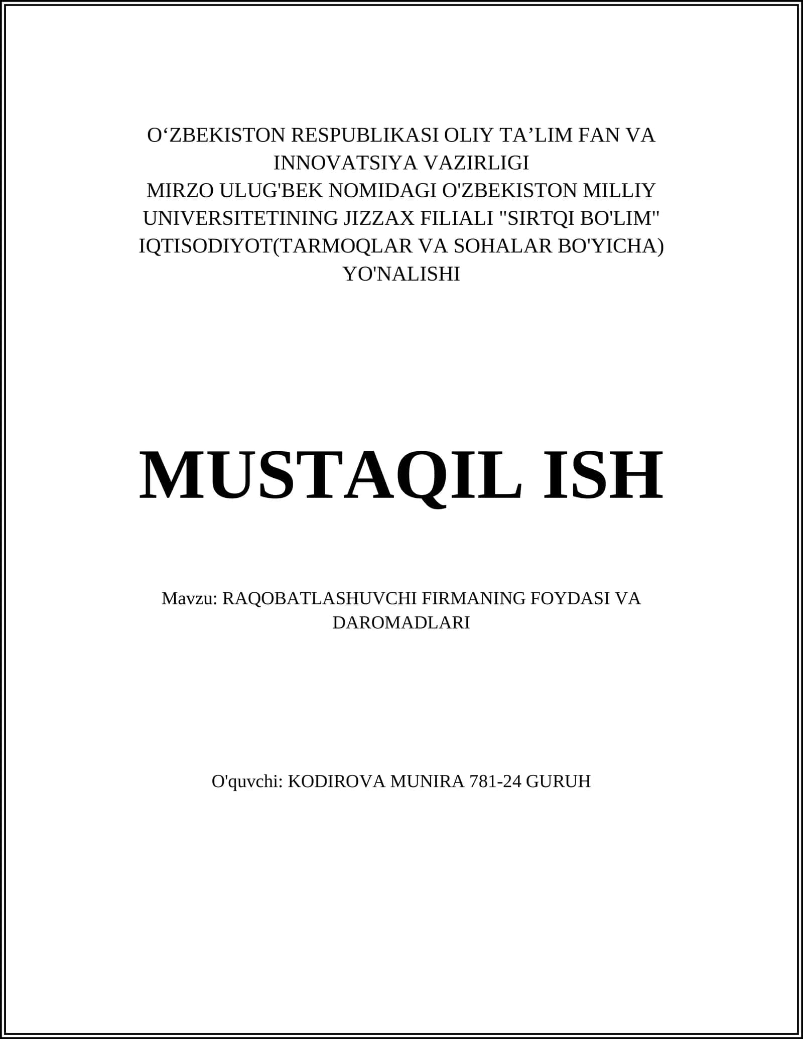 RAQOBATLASHUVCHI FIRMANING FOYDASI VA DAROMADLARI 1