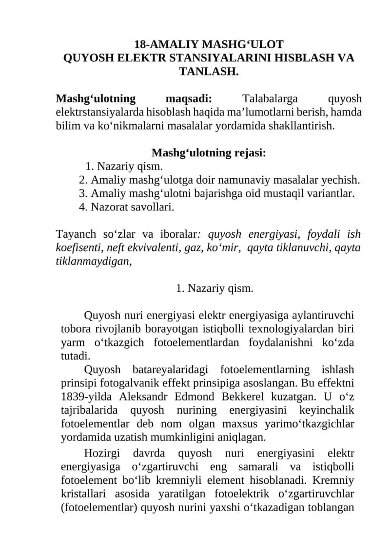 QUYOSH ELEKTR STANSIYALARINI HISBLASH VA TANLASH 1