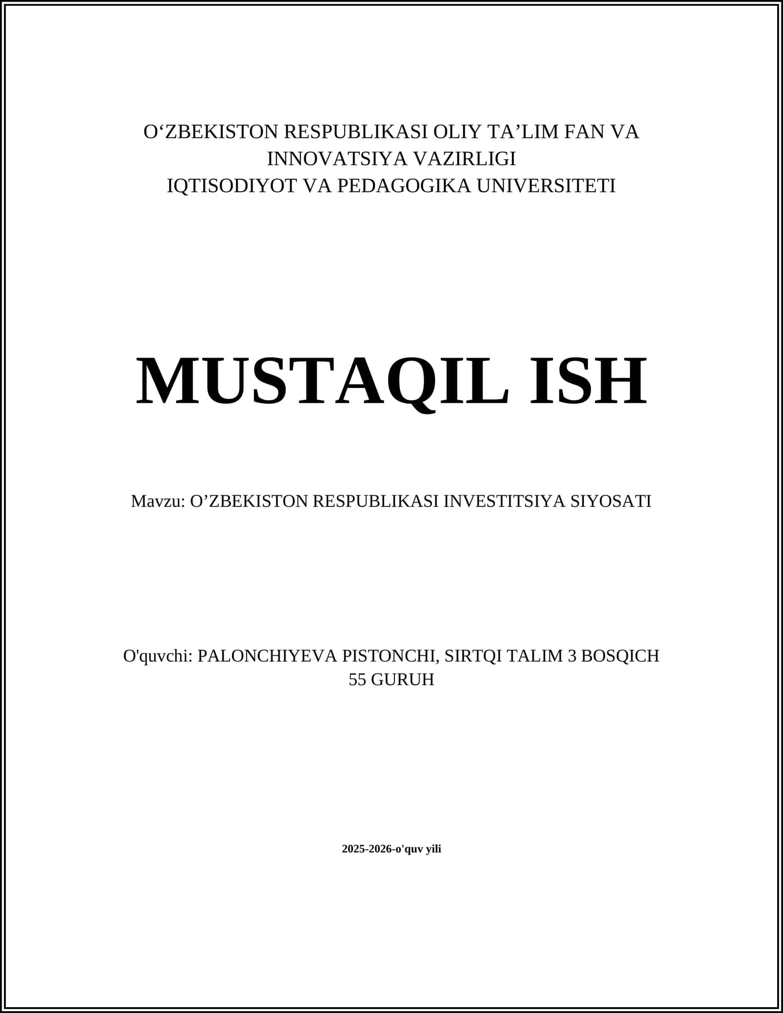 O’ZBEKISTON RESPUBLIKASI INVESTITSIYA SIYOSATI 1