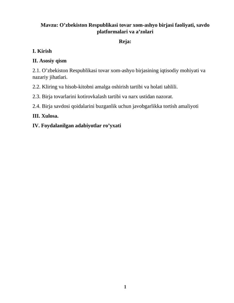 O’zbekiston Respublikasi tovar xom-ashyo birjasi faoliyati, savdo platformalari va a’zolari 1