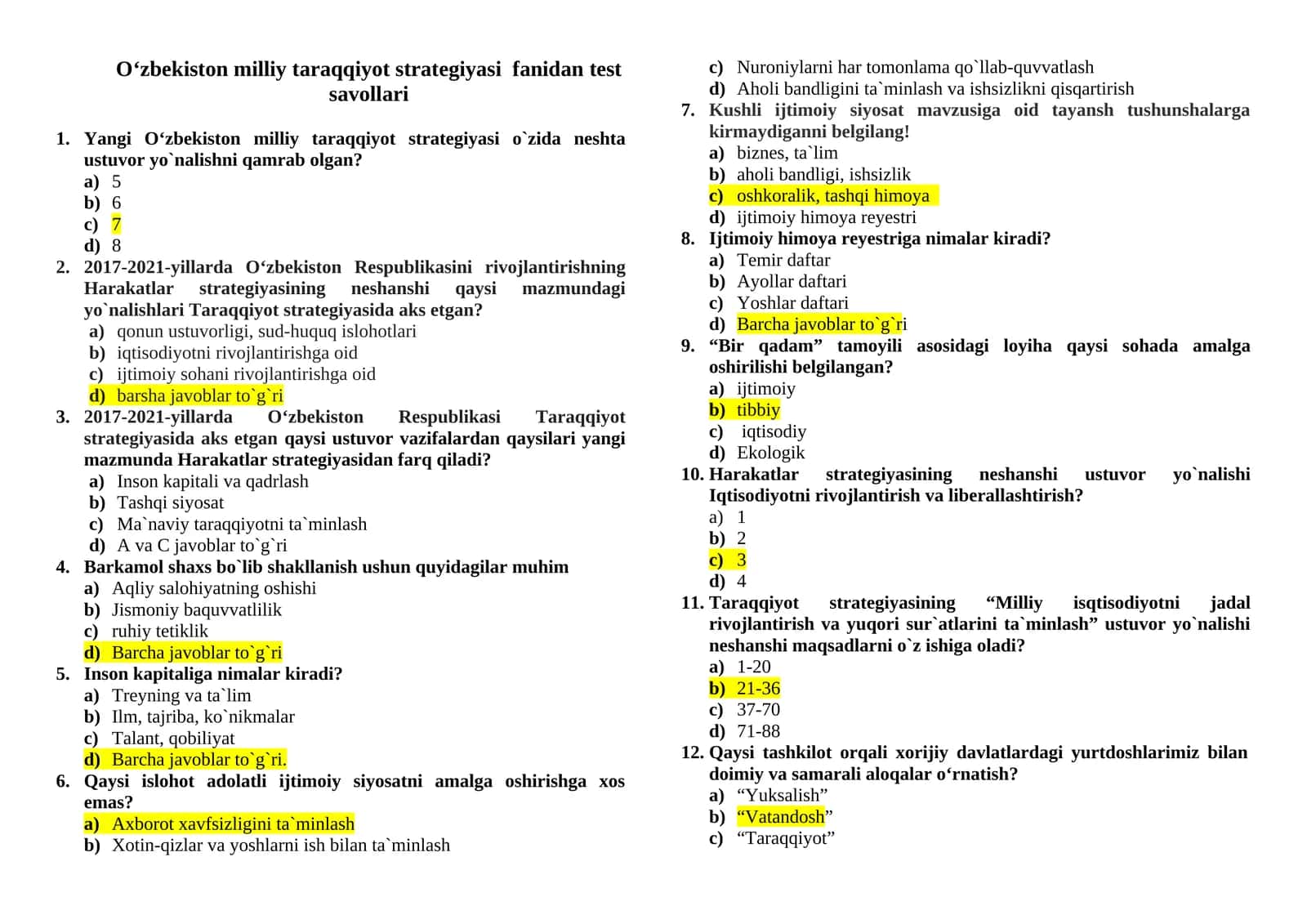 O‘zbekiston milliy taraqqiyot strategiyasi fanidan test savollari 1