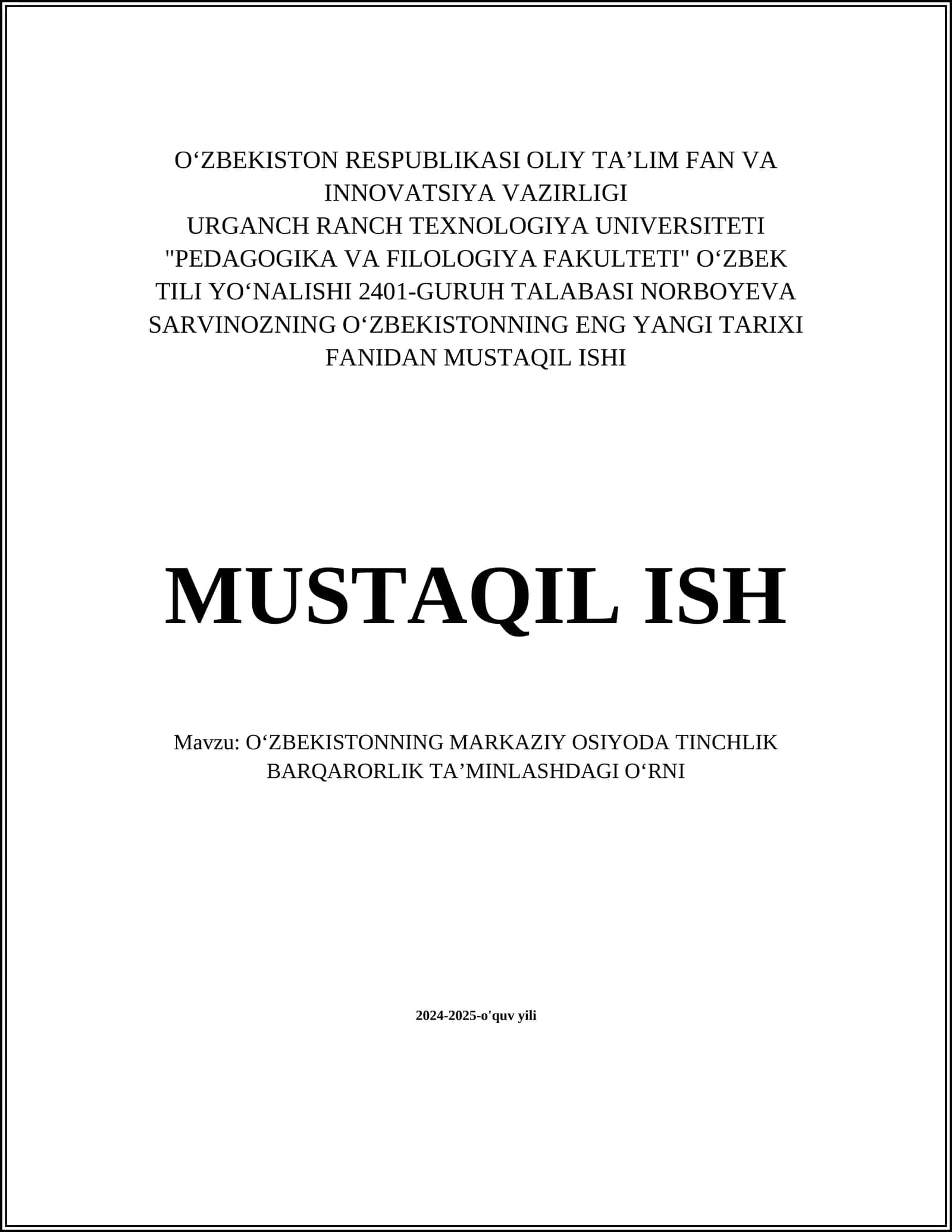 O‘ZBEKISTONNING MARKAZIY OSIYODA TINCHLIK BARQARORLIK TAʼMINLASHDAGI OʻRNI 1