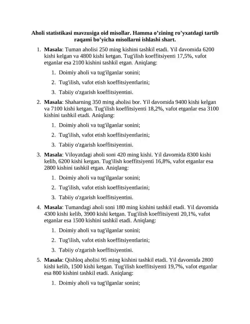 Aholi statistikasi mavzusiga oid misollar