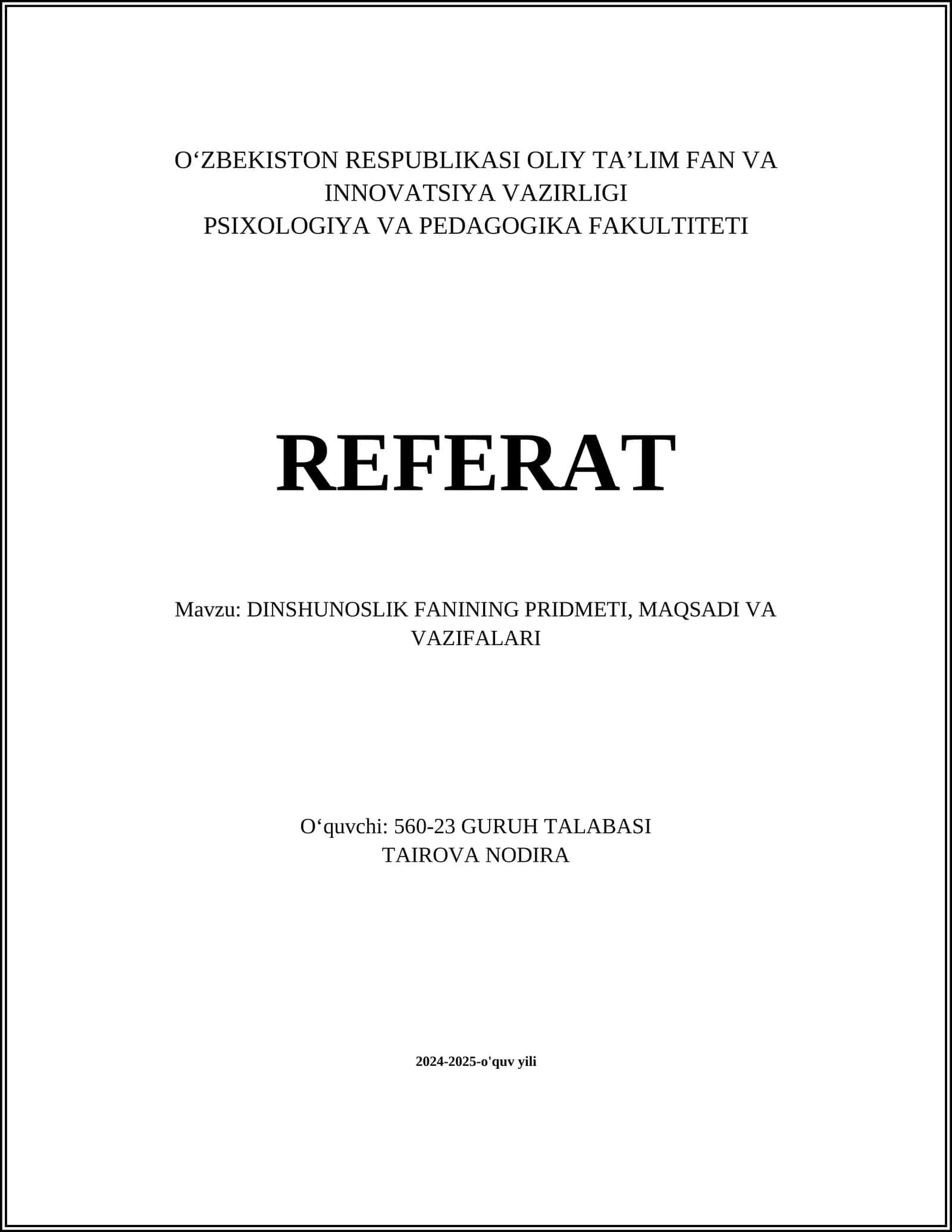DINSHUNOSLIK FANINING PRIDMETI, MAQSADI VA VAZIFALARI 1