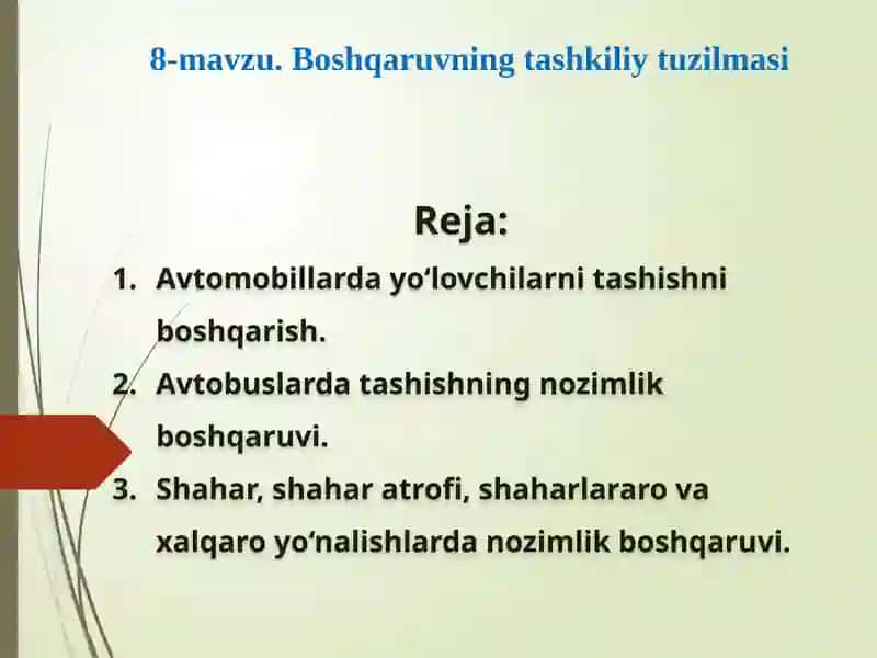 Avtomobillardayo‘lovchilarni tashishni boshqarish 1