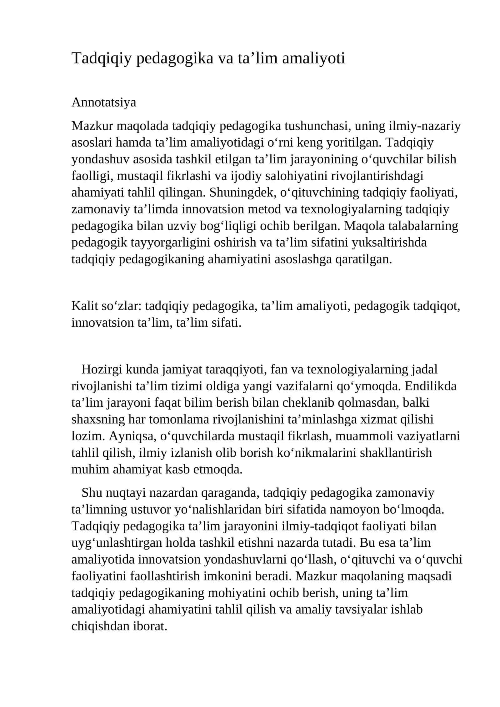 Tadqiqiy pedagogika va ta’lim amaliyoti 1