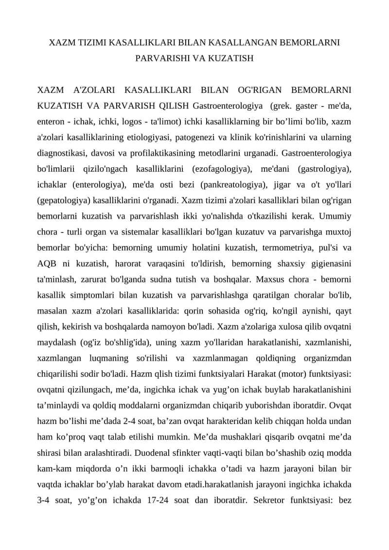 XAZM TIZIMI KASALLIKLARI BILAN KASALLANGAN BEMORLARNI PARVARISHI VA KUZATISH 1