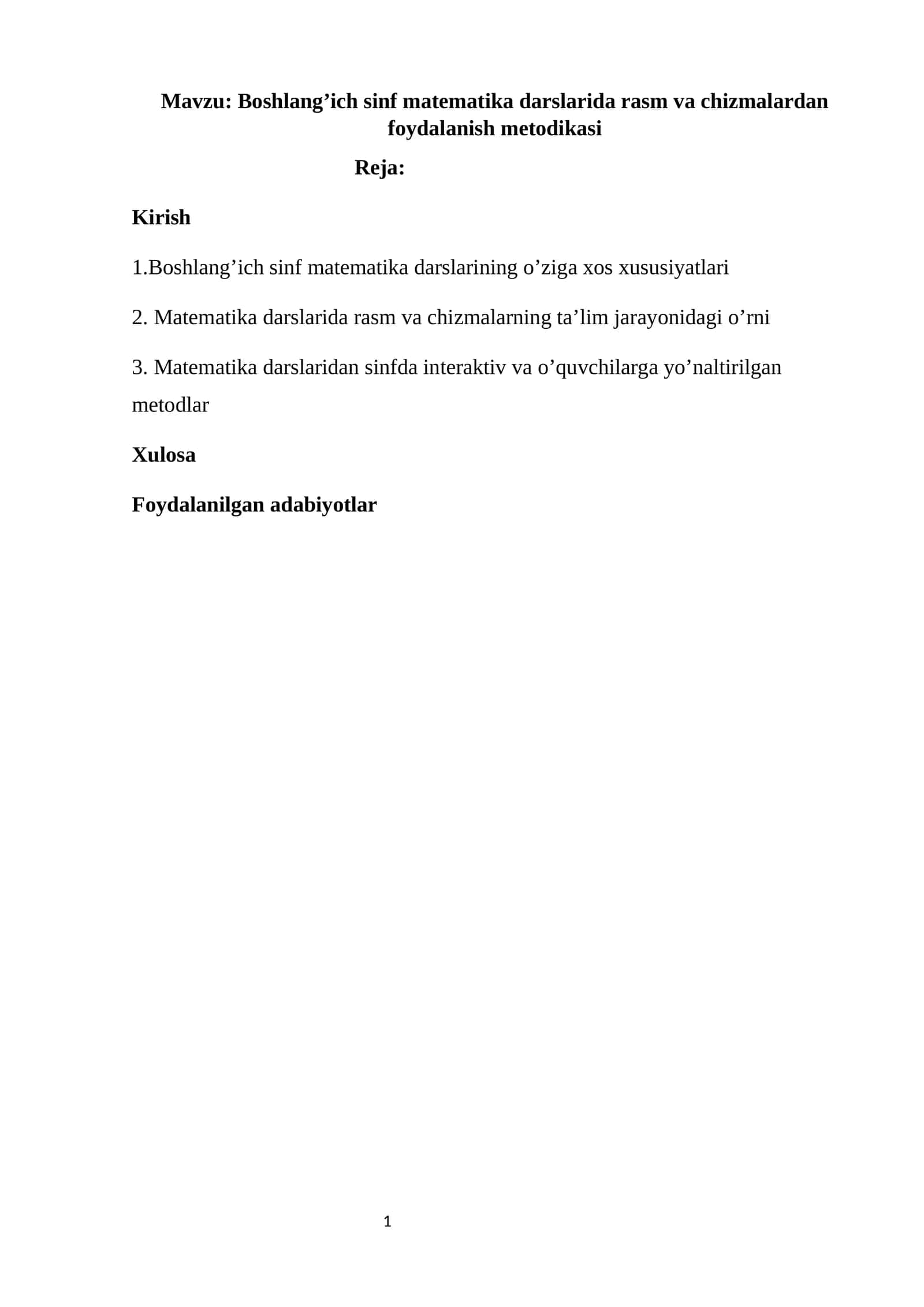 Boshlang’ich sinf matematika darslarida rasm va chizmalardan foydalanish metodikasi. Kurs ishi 1