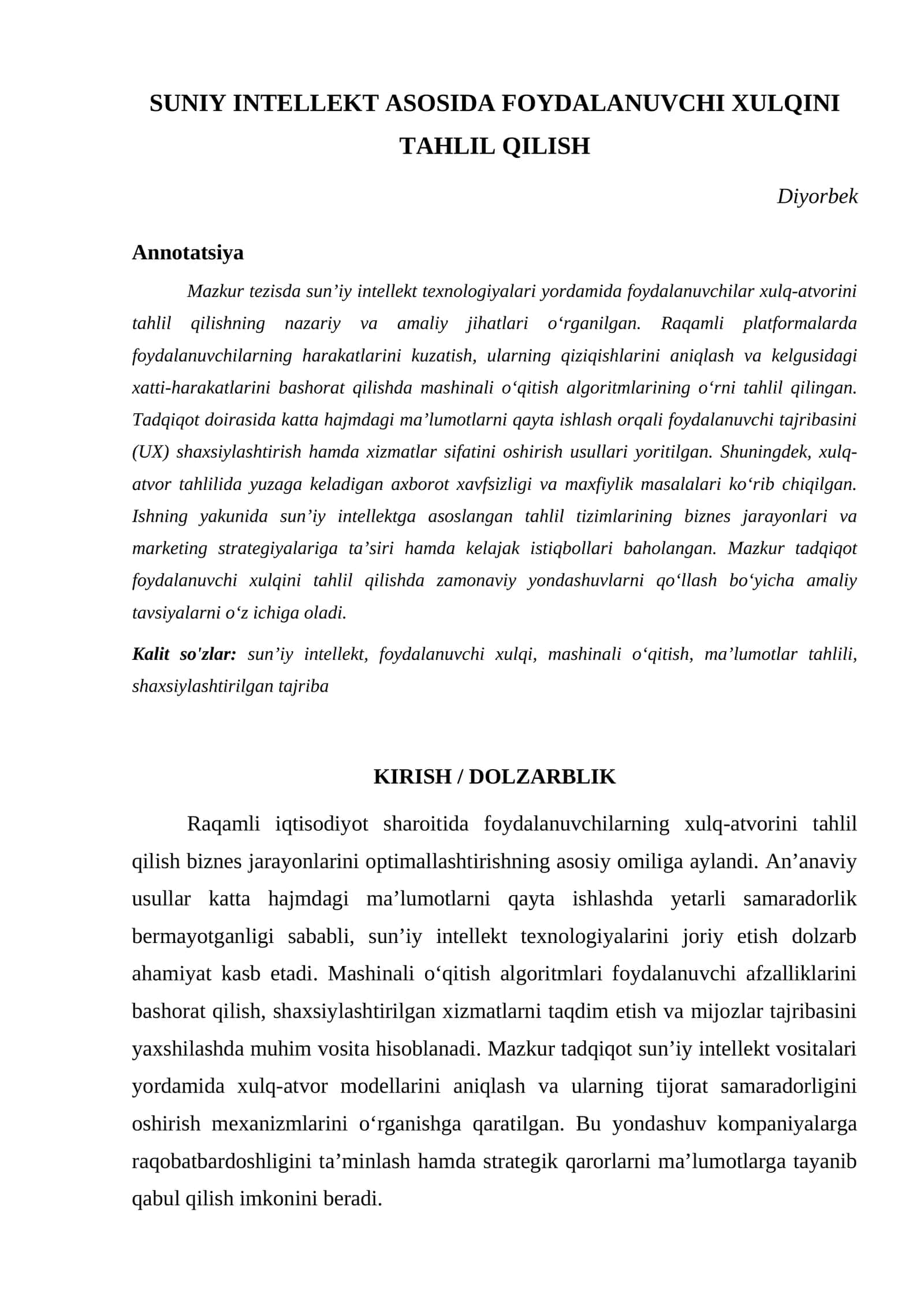 SUNIY INTELLEKT ASOSIDA FOYDALANUVCHI XULQINI TAHLIL QILISH 1