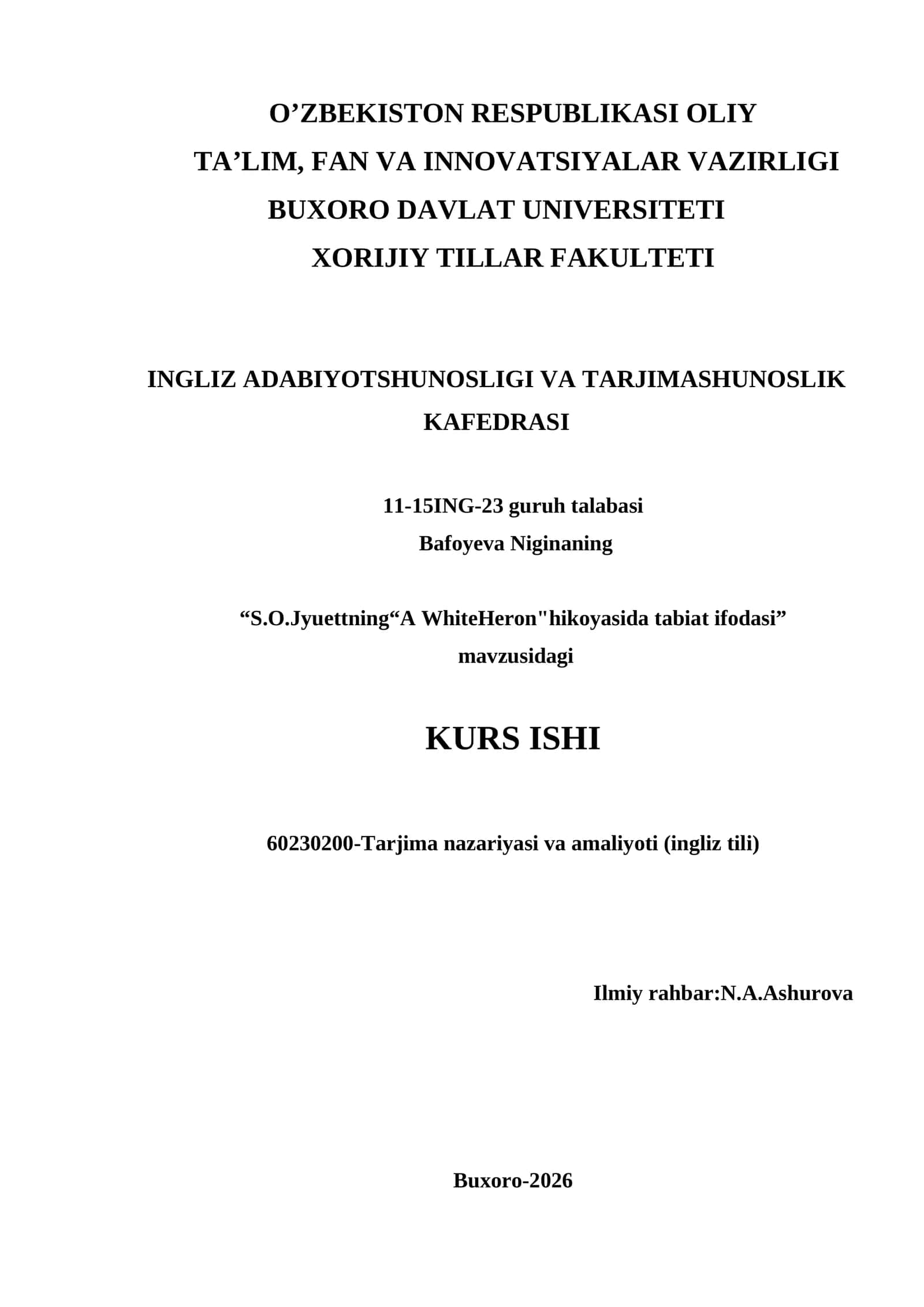 S.O.Jyuettning“A WhiteHeron"hikoyasida tabiat ifodasi”  mavzusidagi KURS ISHI 1