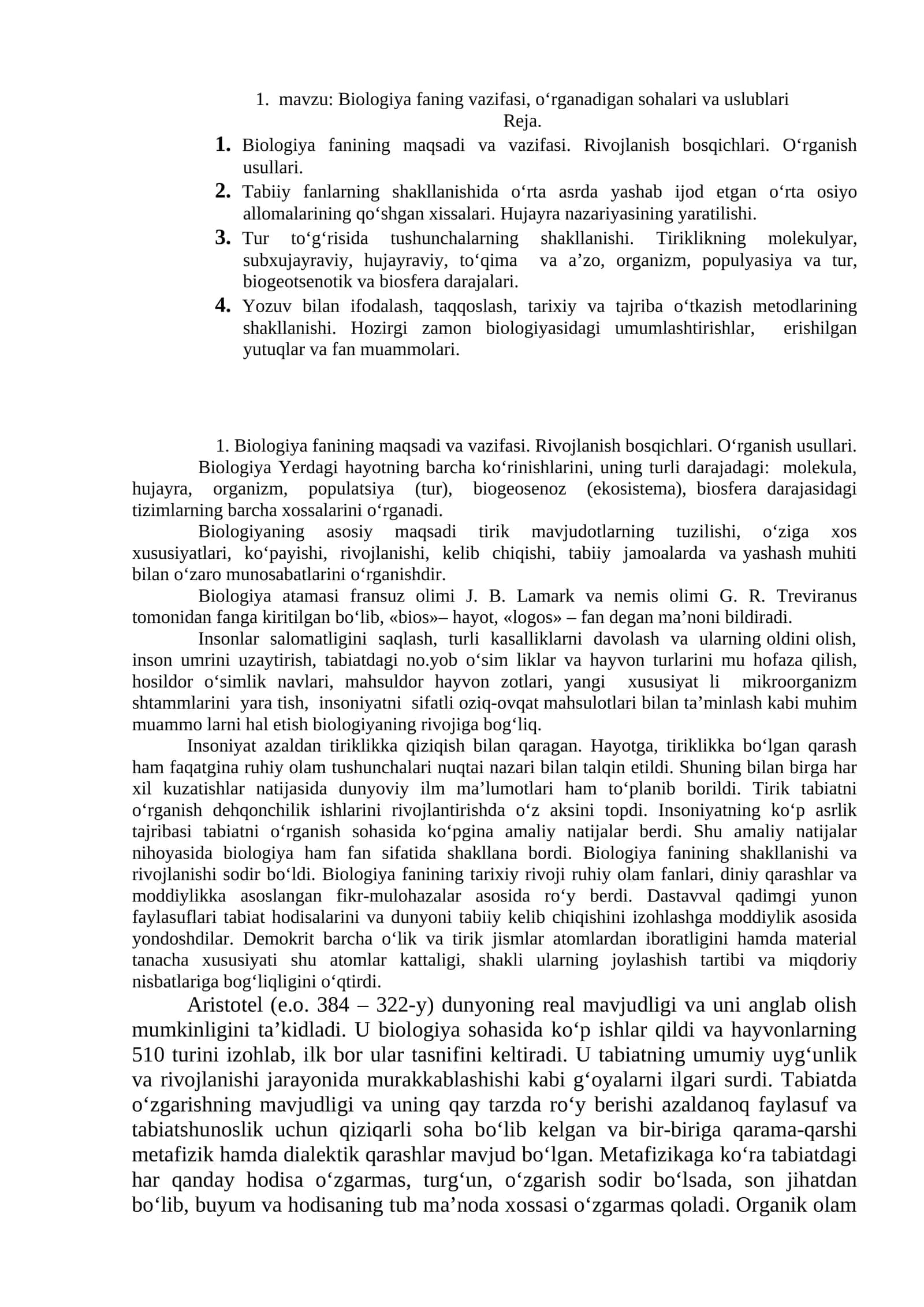 Biologiya fanining vazifasi, o‘rganadigan sohalari va uslublari 1