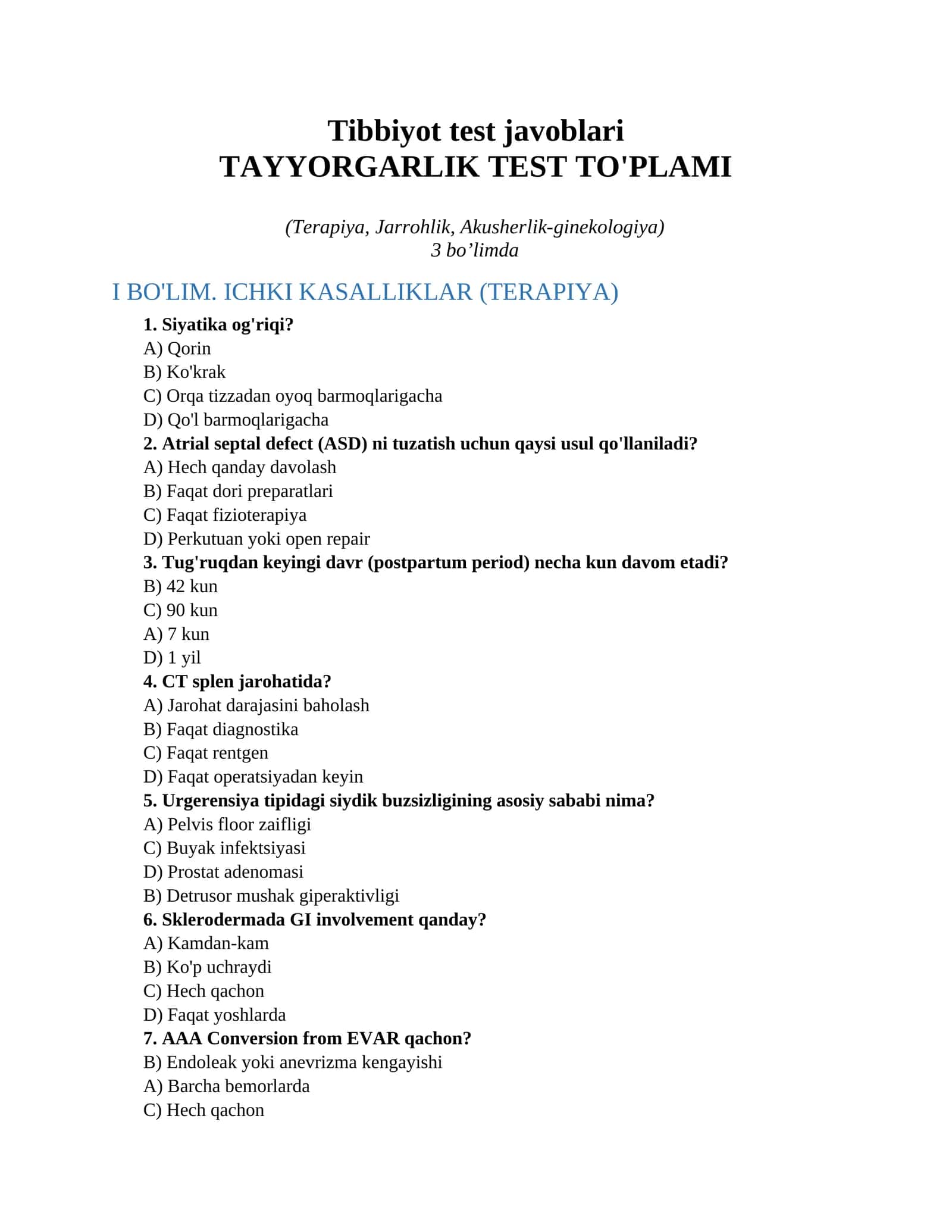 Tibbiyot test javoblari 1