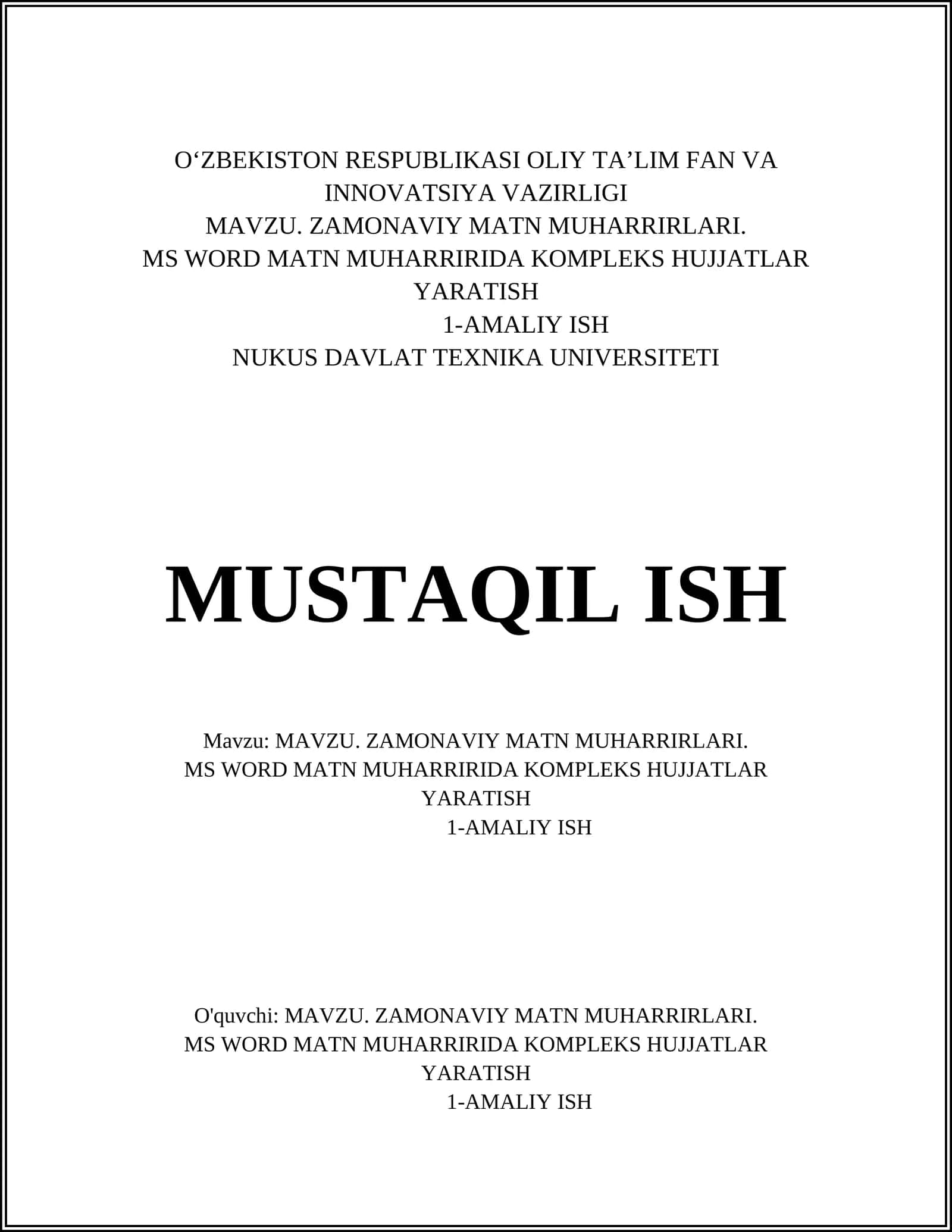 MS Word interfeysi va asboblar paneli 1