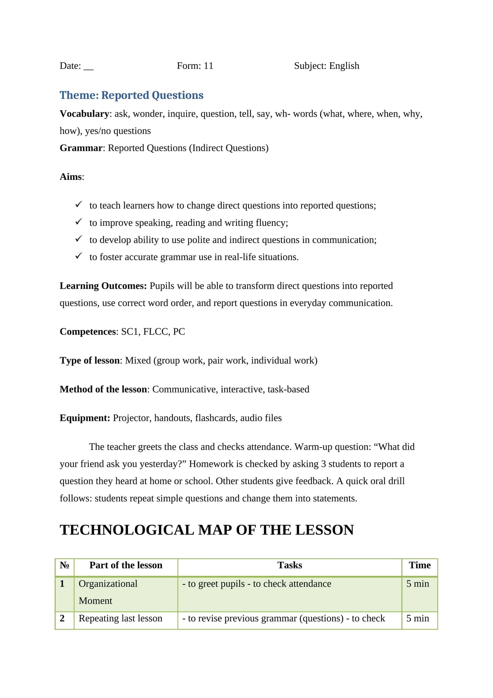 Reported Questions Lesson 1