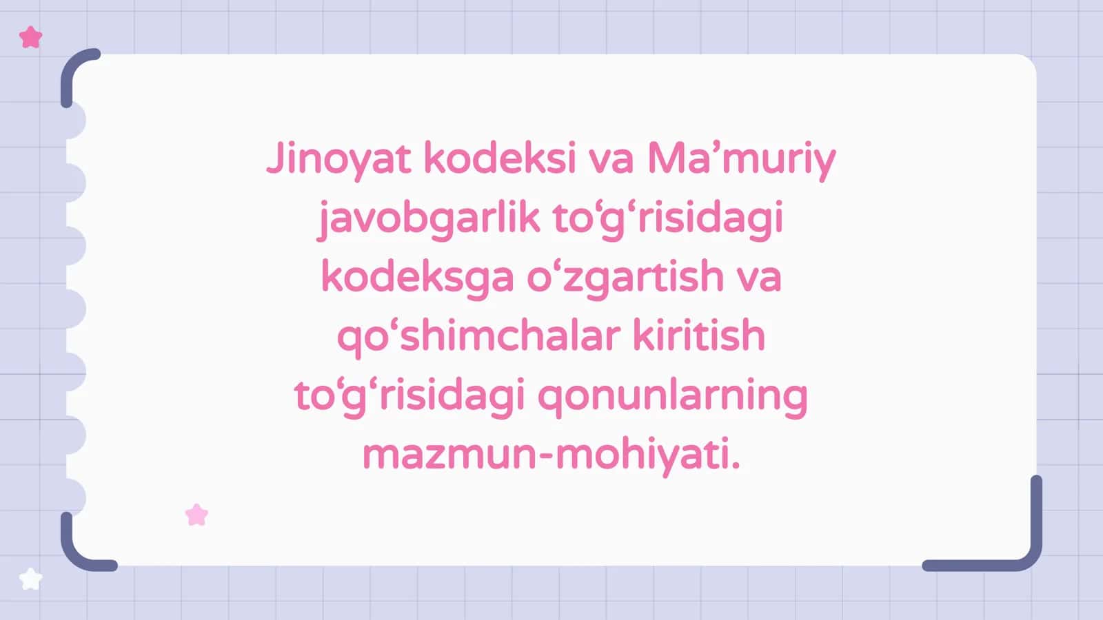 Jinoyat kodeksi va Ma’muriy javobgarlik to‘g‘risidagi kodeksga o‘zgartish va qo‘shimchalar kiritish to‘g‘risidagi qonunlarning mazmun-mohiyati. 1