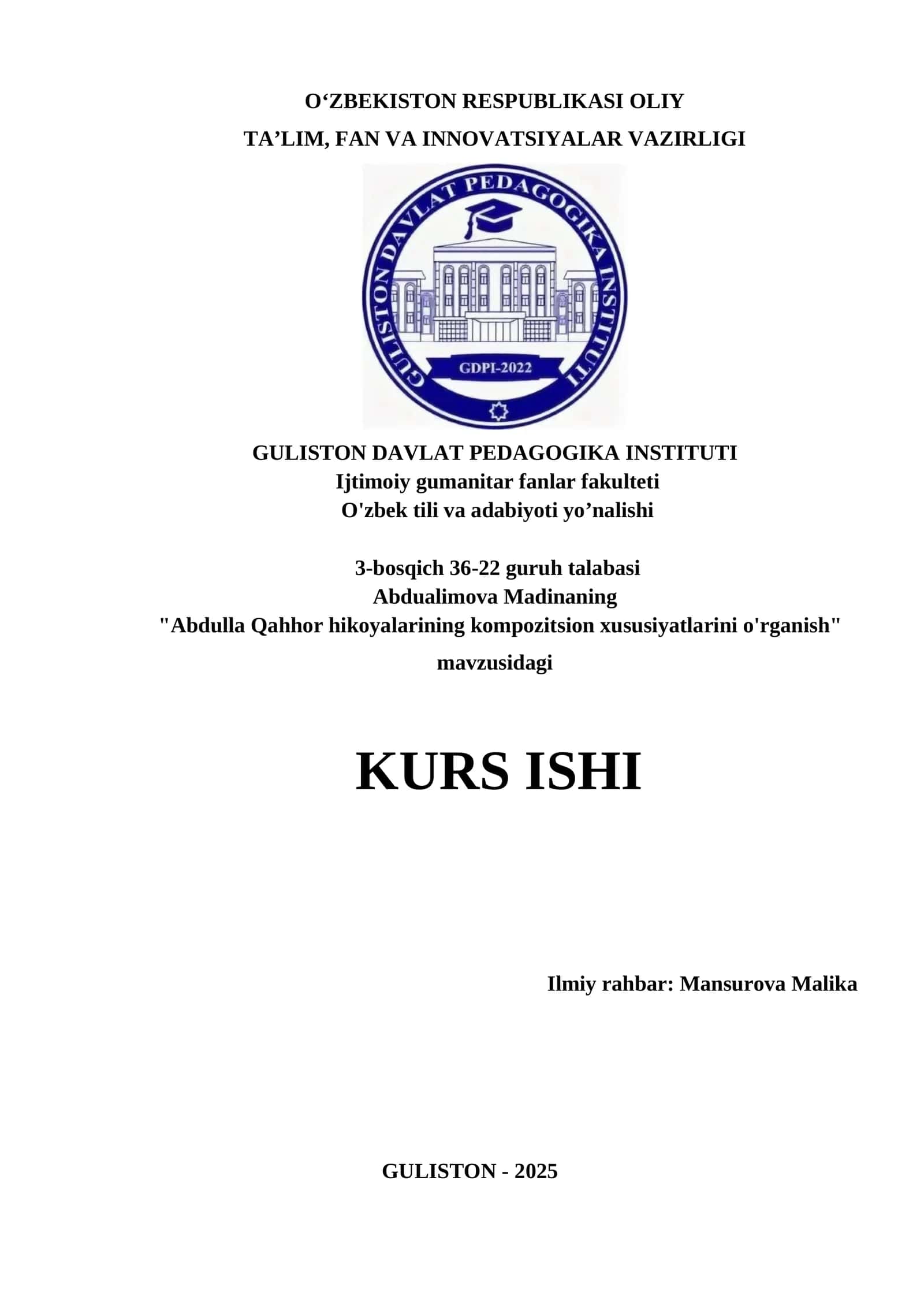 Abdulla Qahhor hikoyalarining kompozitsion xususiyatlarini o'rganish KURS ISHI 1