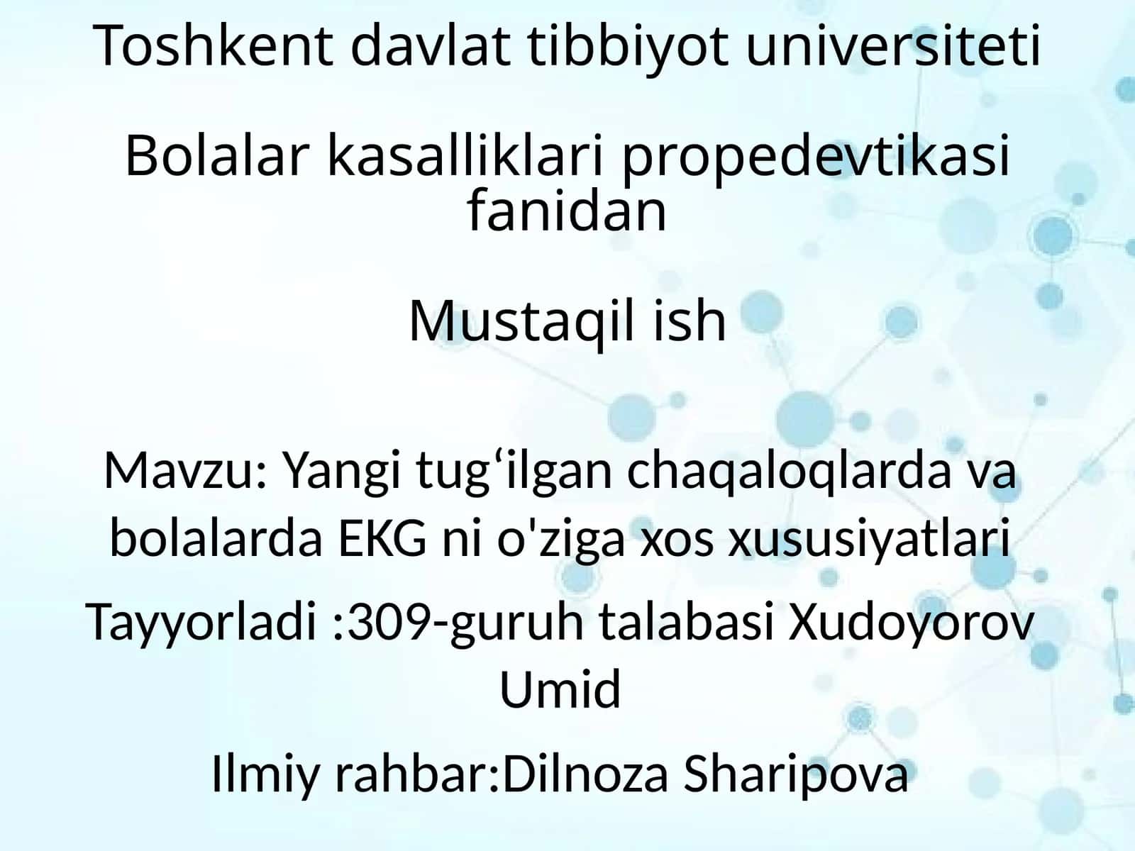 Toshkent Davlat Tibbiyot Universiteti Bolalar Kasalliklari Propedevtikasi 1