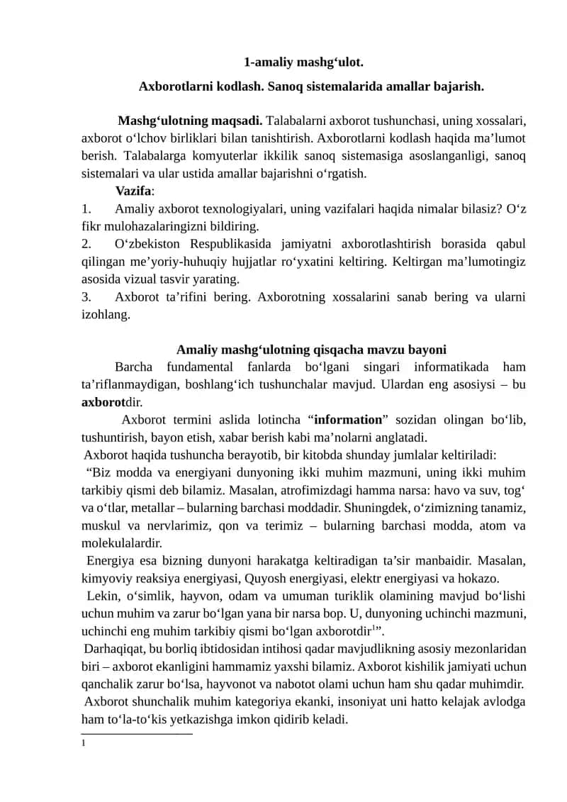 1-amaliy mashg‘ulot. Axborotlarni kodlash. Sanoq sistemalarida amallar bajarish. 1