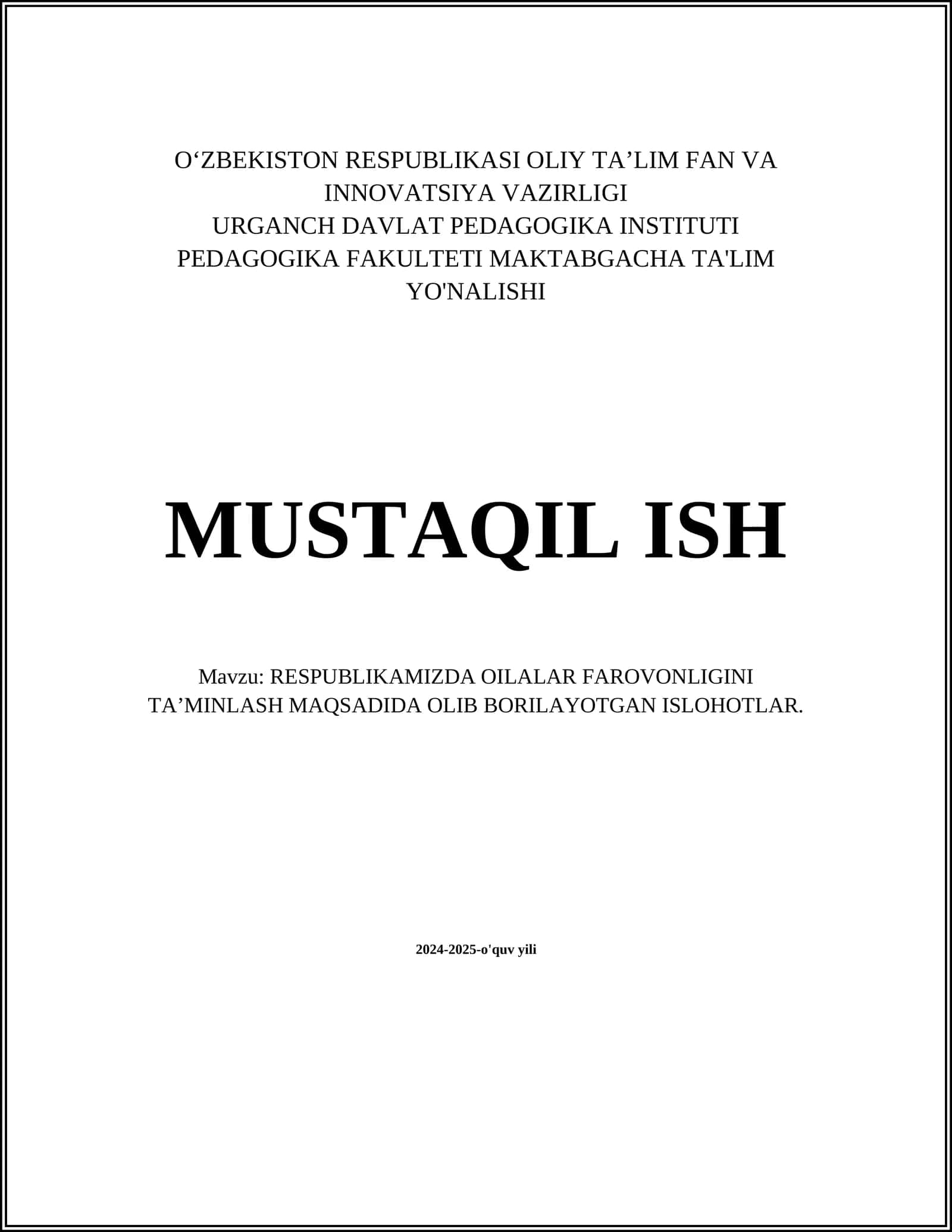 RESPUBLIKAMIZDA OILALAR FAROVONLIGINI TA’MINLASH MAQSADIDA OLIB BORILAYOTGAN ISLOHOTLAR 1