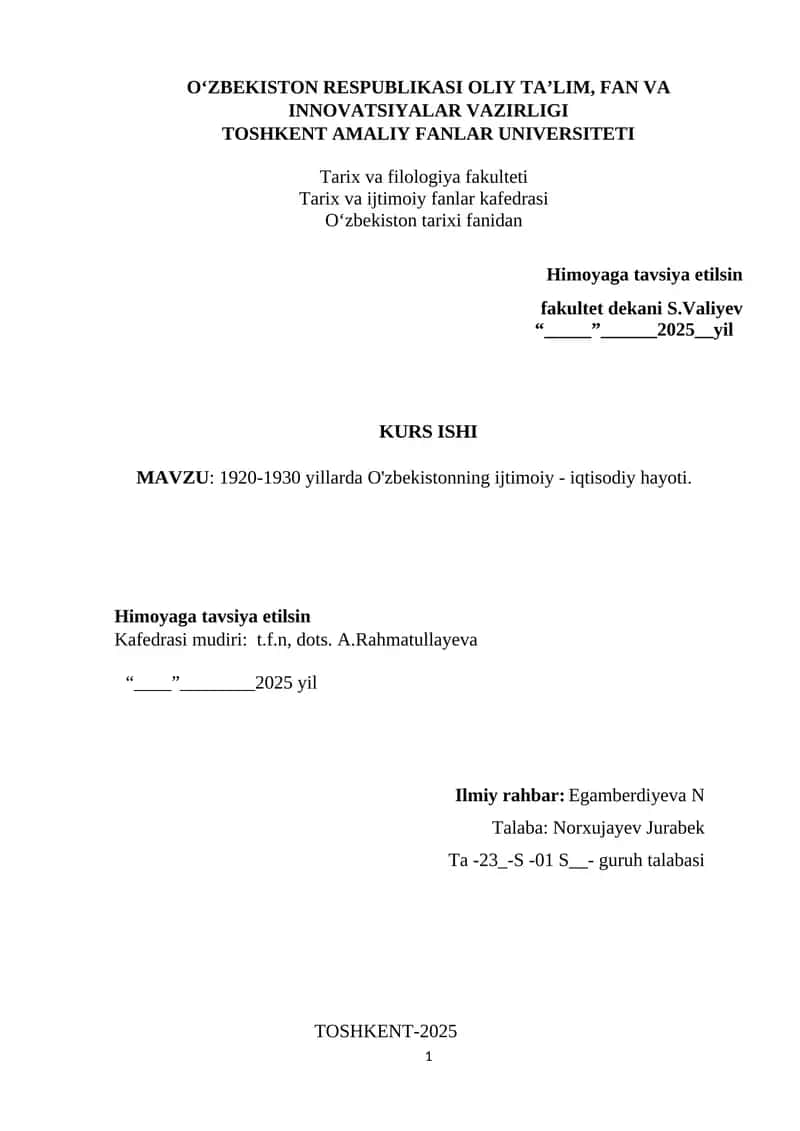 KURS ISHI 1920-1930 yillarda O'zbekistonning ijtimoiy - iqtisodiy hayoti 1