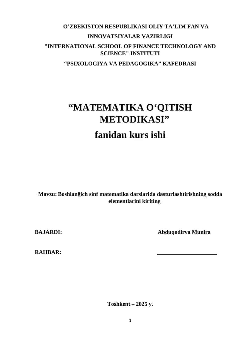 Boshlanğich sinf matematika darslarida dasturlashtirishning sodda elementlarini kiriting. 1