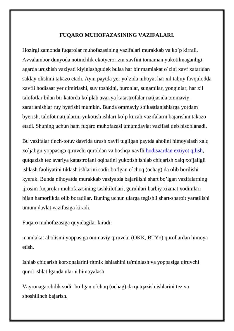 Fuqaro muhofazasining vazifalari. 1