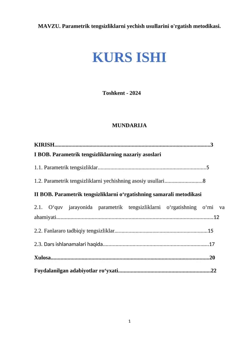 Parametrik tengsizliklarni yechish usullarini o'rgatish metodikasi 1