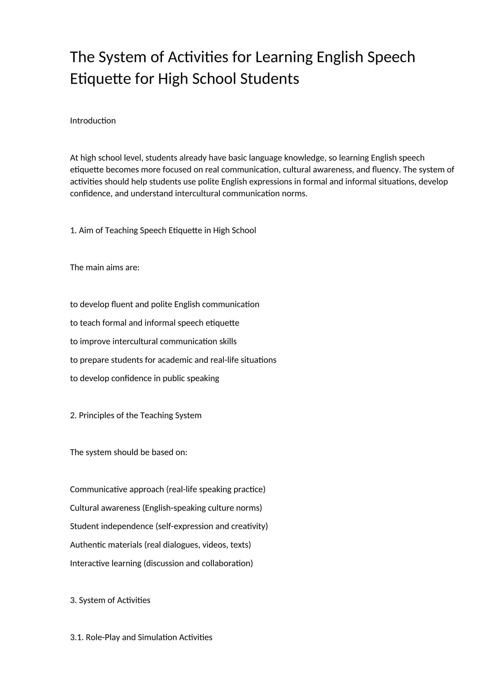 The System of Activities for Learning English Speech Etiquette for High School Students 1