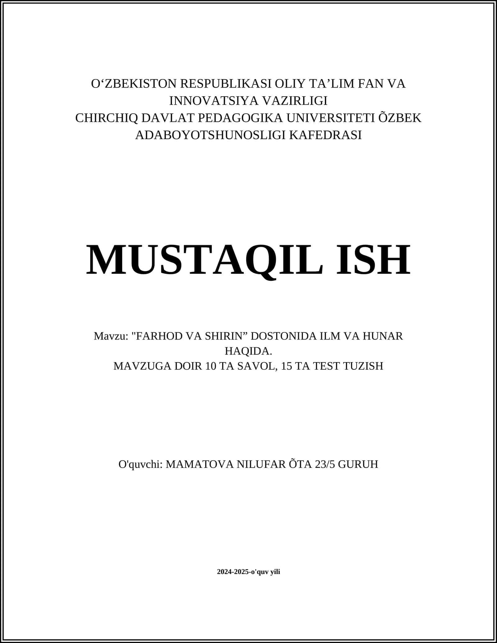 "FARHOD VA SHIRIN” DOSTONIDA ILM VA HUNAR HAQIDA 1