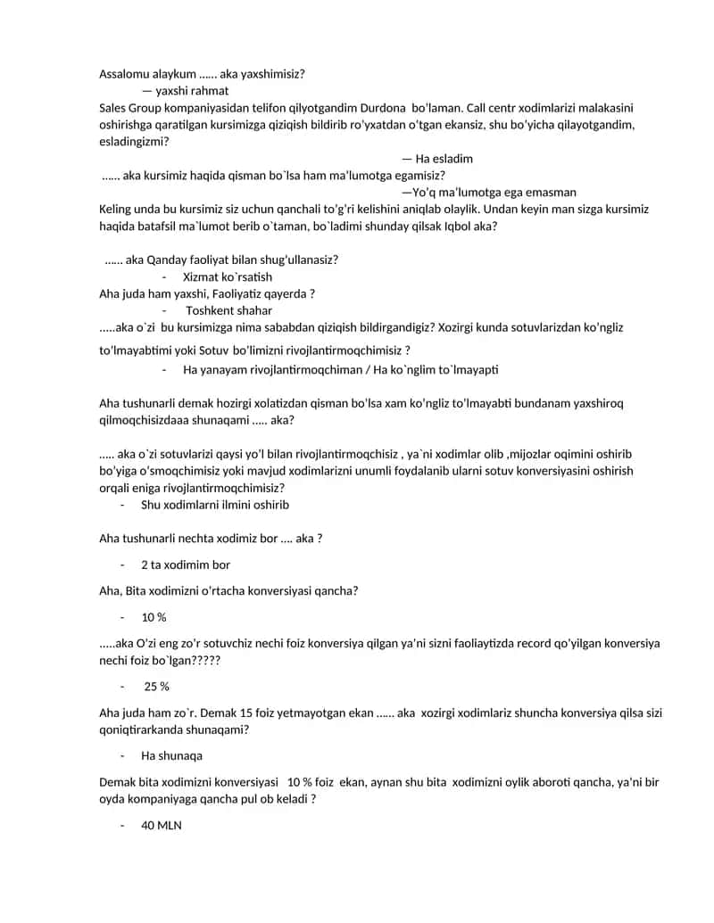 Sales Group kompaniyasidan telifon qilyotgandim Durdona bo’laman Call centr xodimlarizi malakasini oshirishga qaratilgan kurs 1