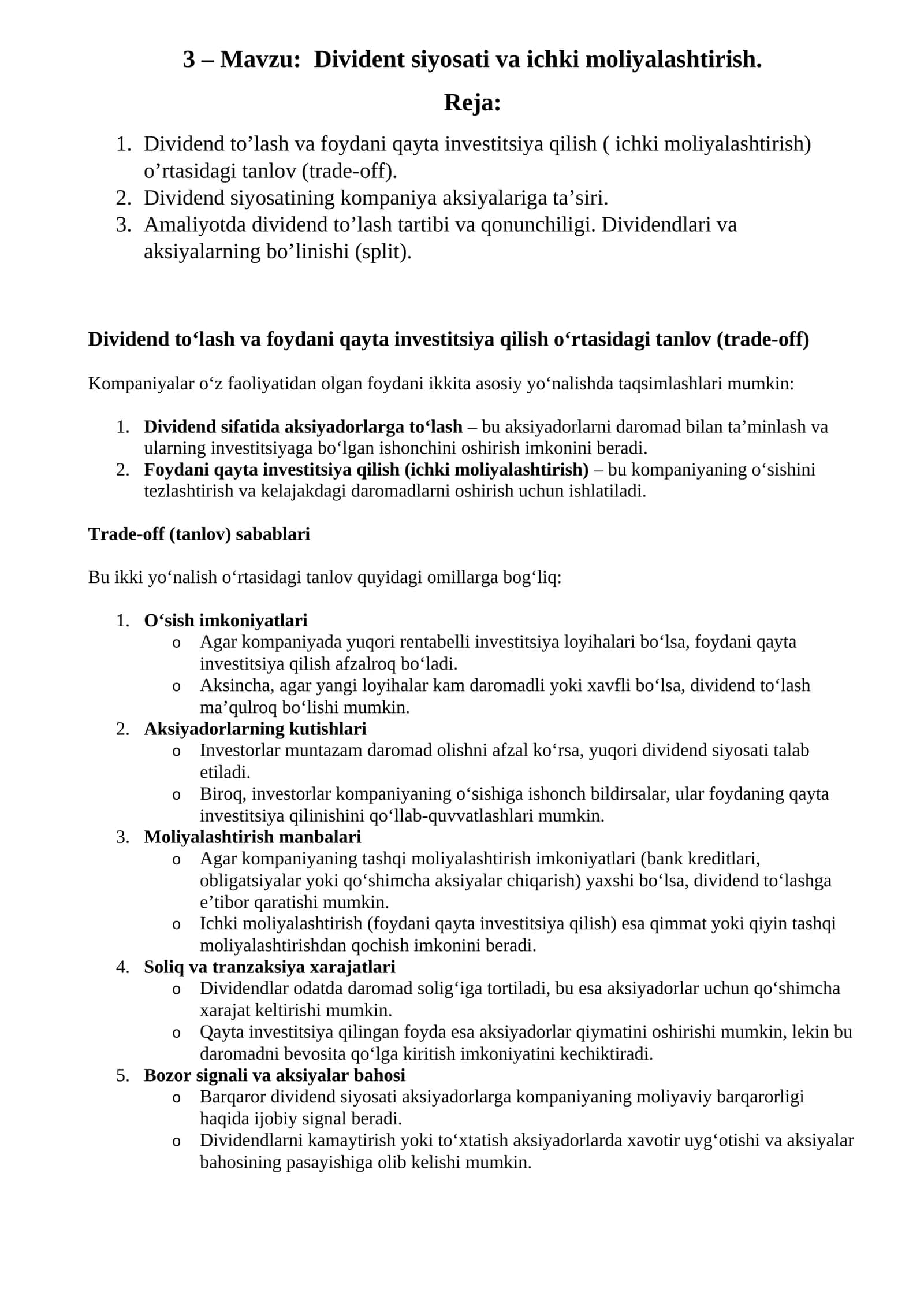 Divident siyosati va ichki moliyalashtirish 1
