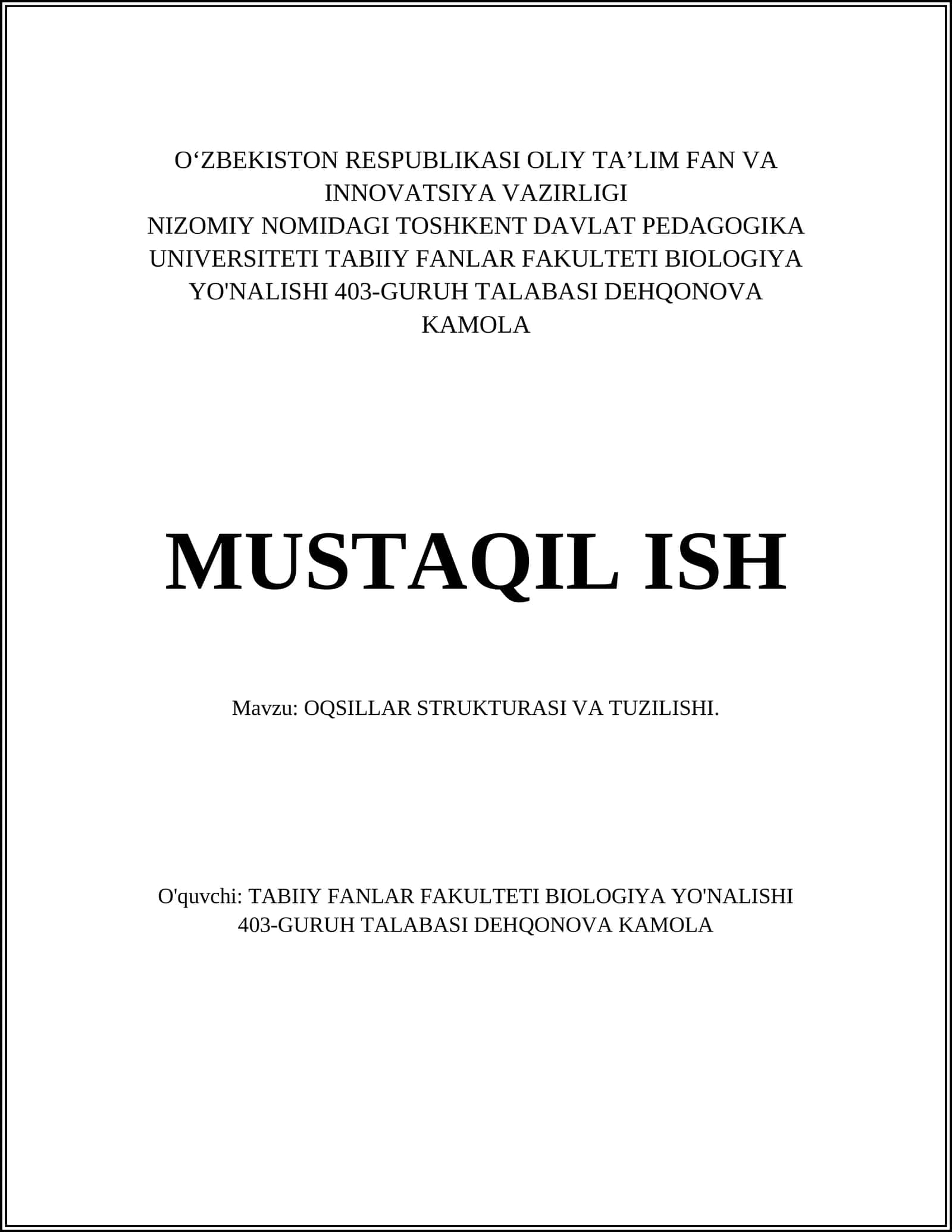Oqsillar Strukturasi va Tuzilishi 1