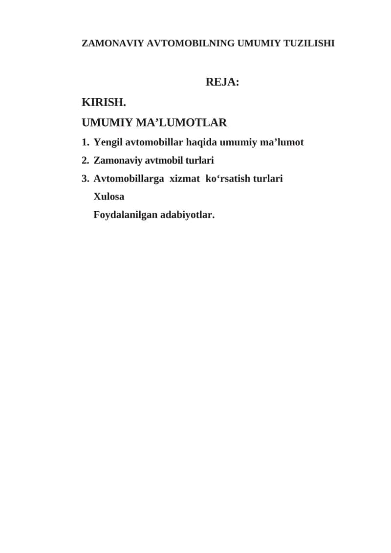 ZAMONAVIY AVTOMOBILNING UMUMIY TUZILISHI 1