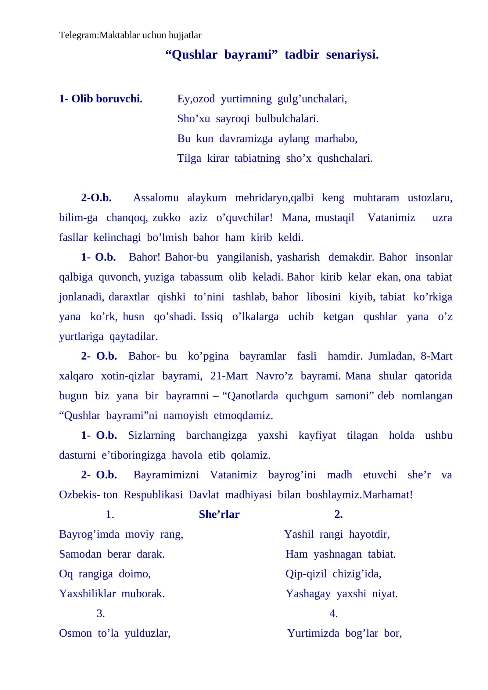 "Qushlar bayrami" tadbir senariysi 1