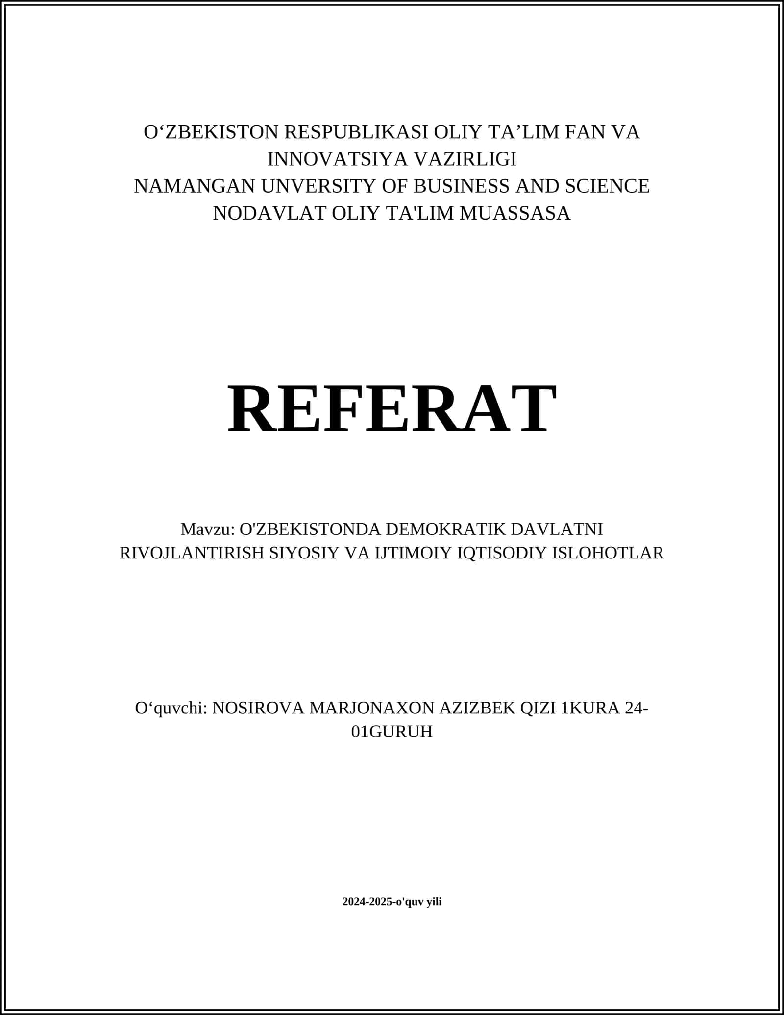 O'ZBEKISTONDA DEMOKRATIK DAVLATNI RIVOJLANTIRISH SIYOSIY VA IJTIMOIY IQTISODIY ISLOHOTLAR 1