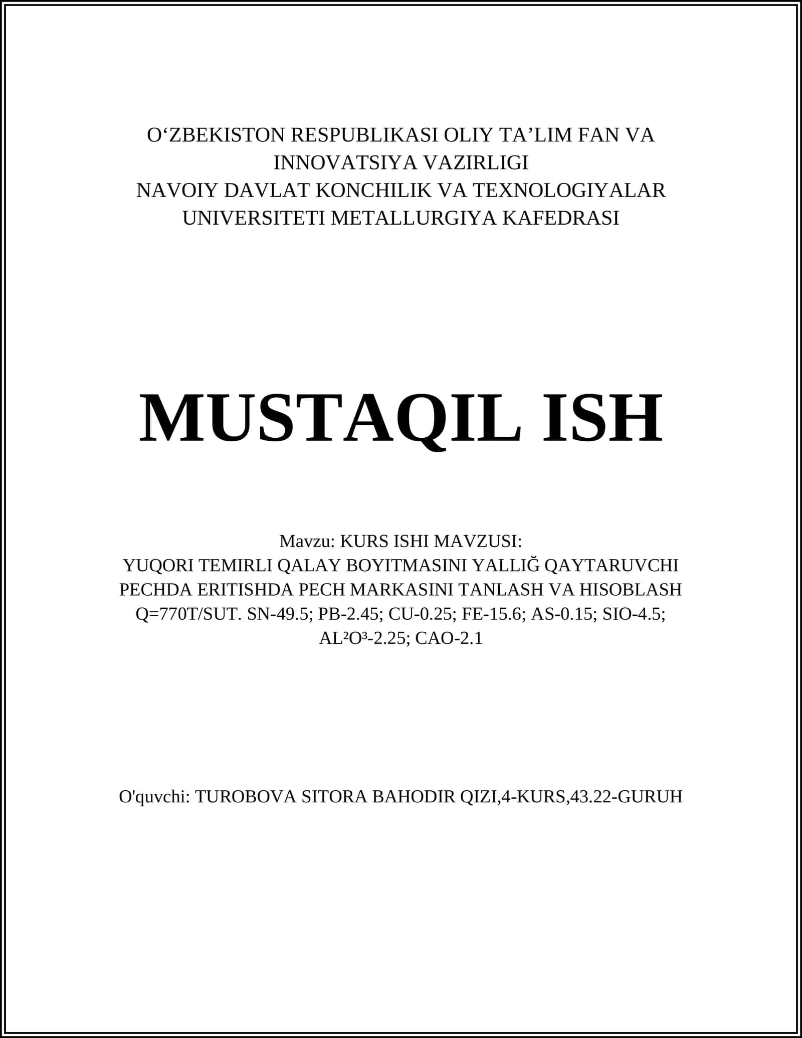 YUQORI TEMIRLI QALAY BOYITMASINI YALLIĞ QAYTARUVCHI PECHDA ERITISHDA PECH MARKASINI TANLASH VA HISOBLASH 1