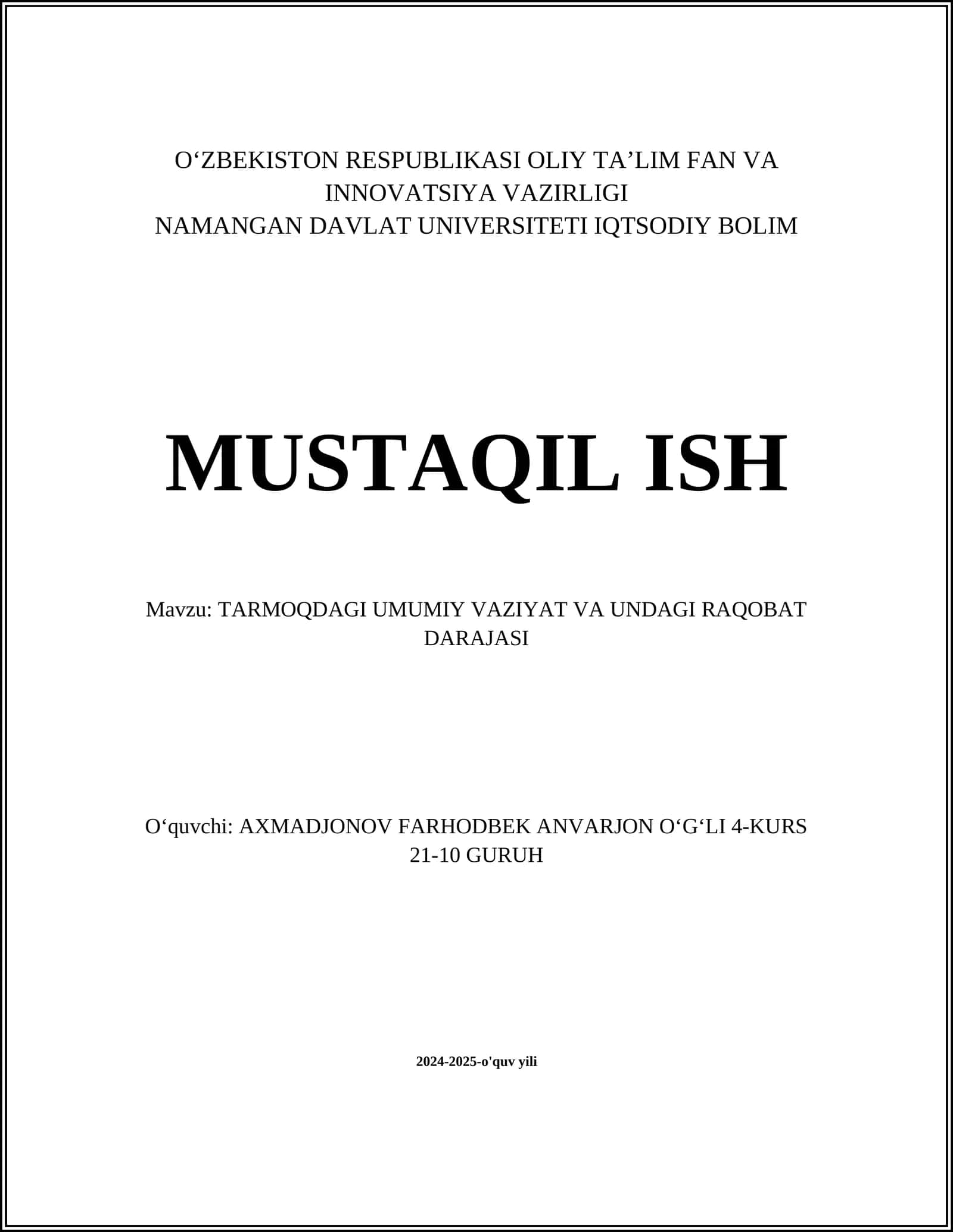TARMOQDAGI UMUMIY VAZIYAT VA UNDAGI RAQOBAT DARAJASI 1