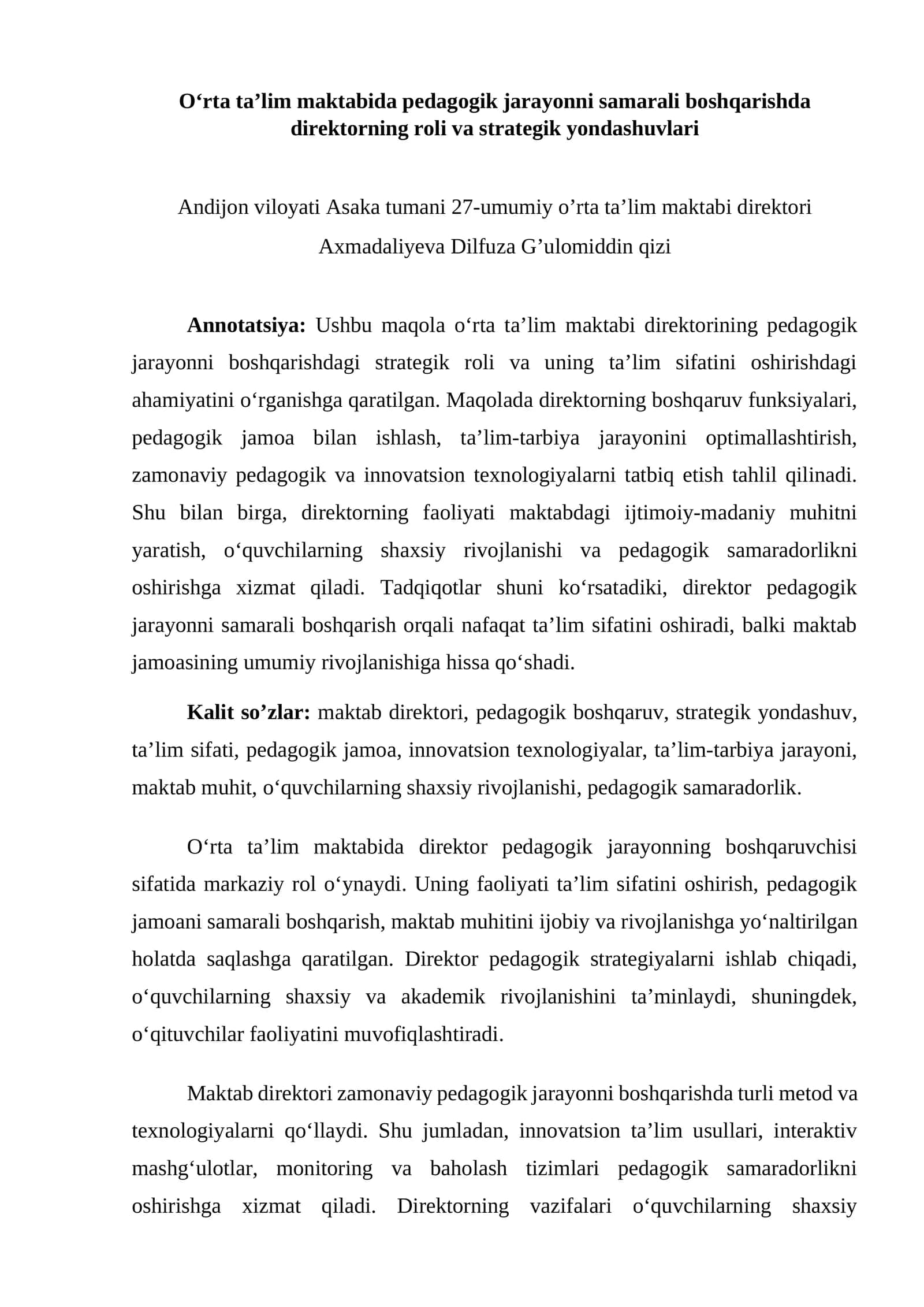 O‘rta ta’lim maktabida pedagogik jarayonni samarali boshqarishda direktorning roli va strategik yondashuvlari 1