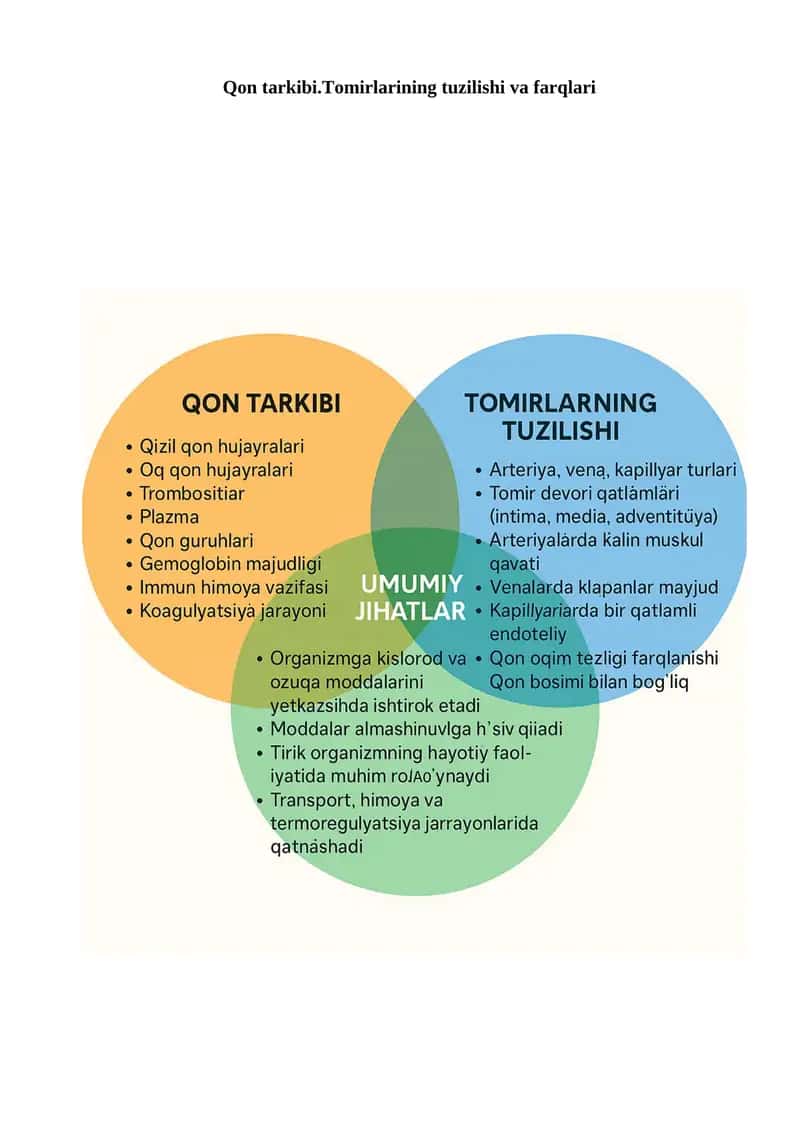Qon tarkibi.Tomirlarining tuzilishi va farqlari 1