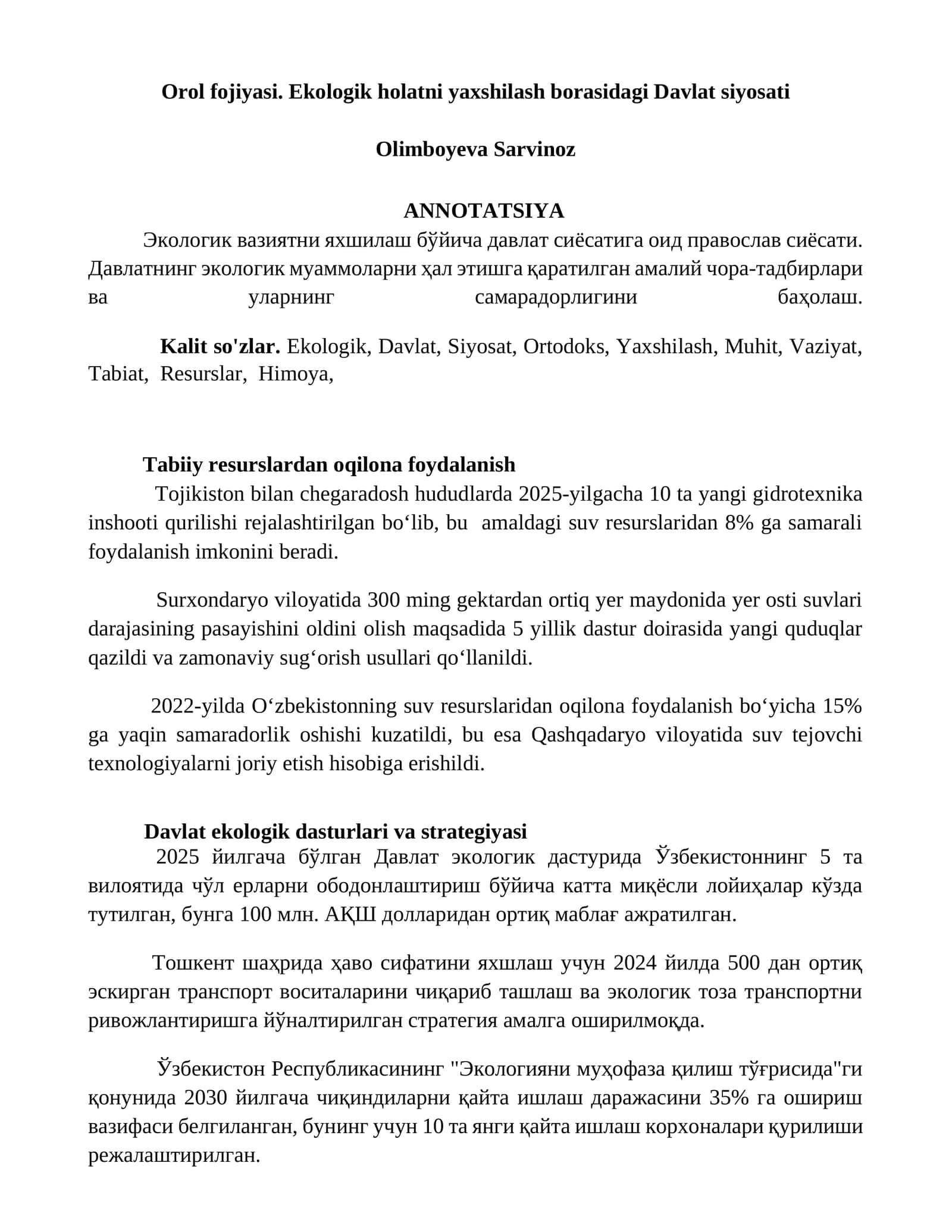 Ekologik vaziyatni yaxshilash borasidagi Davlat siyosati 1