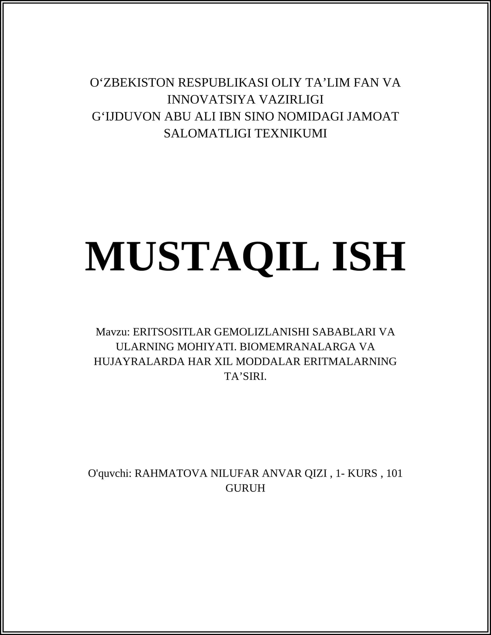 ERITSOSITLAR GEMOLIZLANISHI SABABLARI VA ULARNING MOHIYATI. BIOMEMRANALARGA VA HUJAYRALARDA HAR XIL MODDALAR ERITMALARNING TAʼSIRI 1