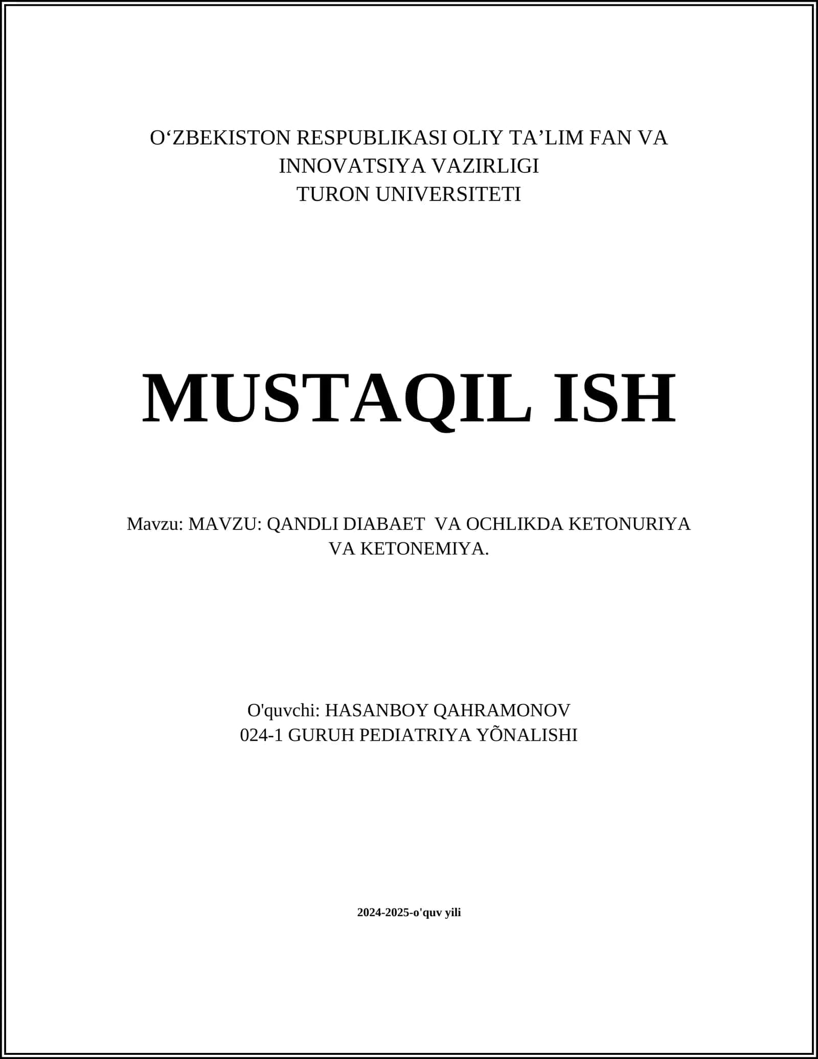 Qandli diabet va ochlik (Ketonuriya va ketonemiya) 1