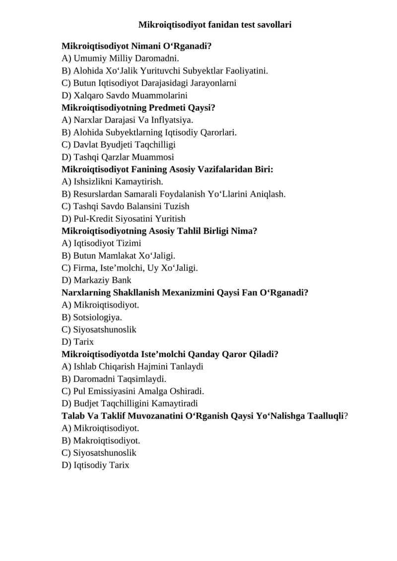 Mikroiqtisodiyot fanidan test savollari 1