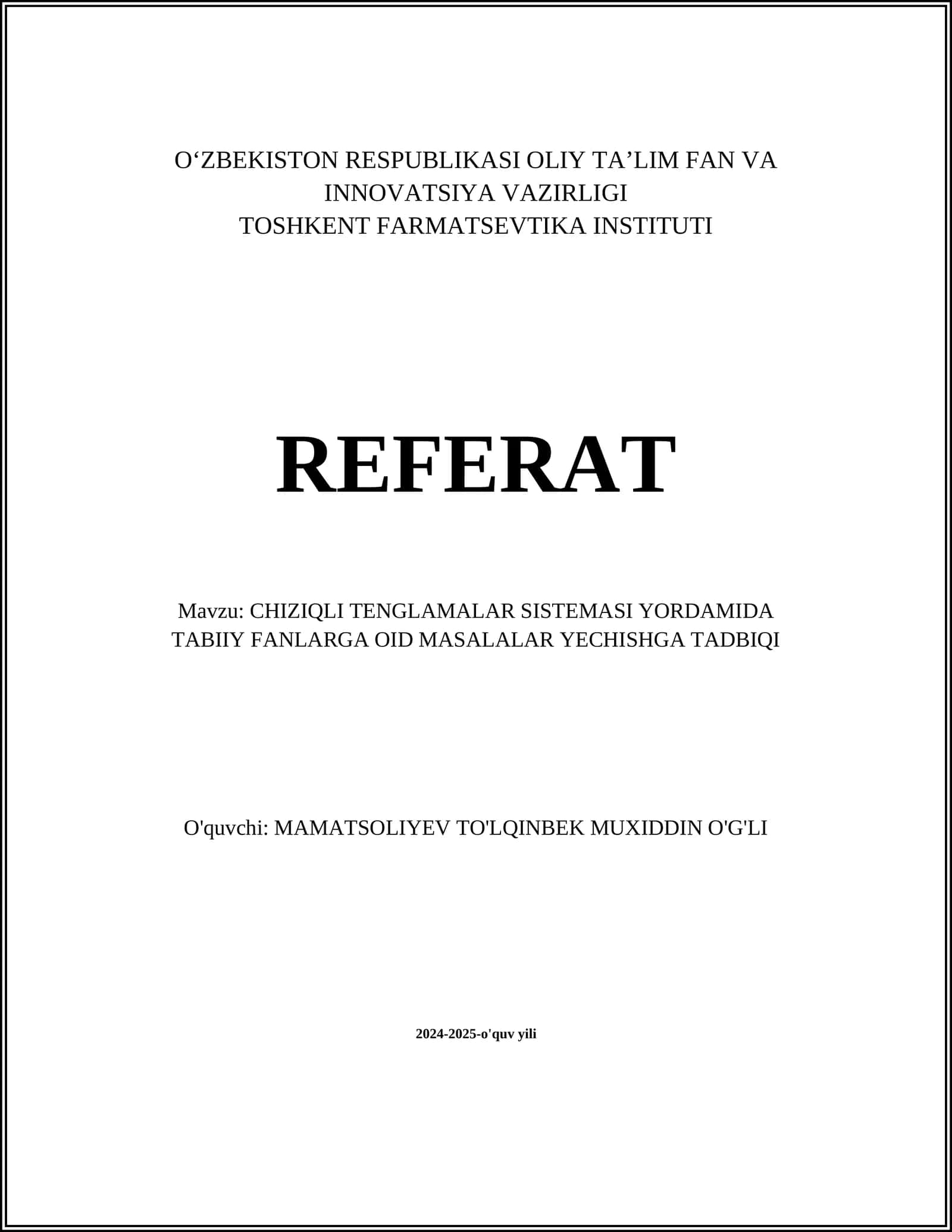 CHIZIQLI TENGLAMALAR SISTEMASI YORDAMIDA TABIIY FANLARGA OID MASALALAR YECHISHGA TADBIQI 1